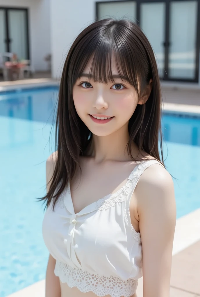 (8K、Raw photography、Top image quality、hight resolution:1.1)、(A hyper-realistic:1.4)、(realisitic、Photorealsitic:1.3)、Soft light、girl with、short-hair、japanes、20yr old、Lifelike face、Realistic body、real looking skin、、absurderes、masterpiece、(cute little:1.8)、Cuties、独奏、(long:1.2)、Detailed black eyes、Innocent eyes、cheek、(White Bikini:1.2)、Split abs、cinematric light、film grains、Hands on hips、((hugetits:1.1))、cherry colored lips、a closeup、Look Viewer、The upper part of the body、 Open lips、Upper teeth、(Smiling eyes:0.6)、((Grinning:1.2))、depth of fields、blurry backround、eyes focus、bokeh dof、夏天、swimming beach、85mmレンズ、tits out、F / 1.4、Professional Lighting、年轻、portlate、photon maping、Radio City、physically-based renderingt