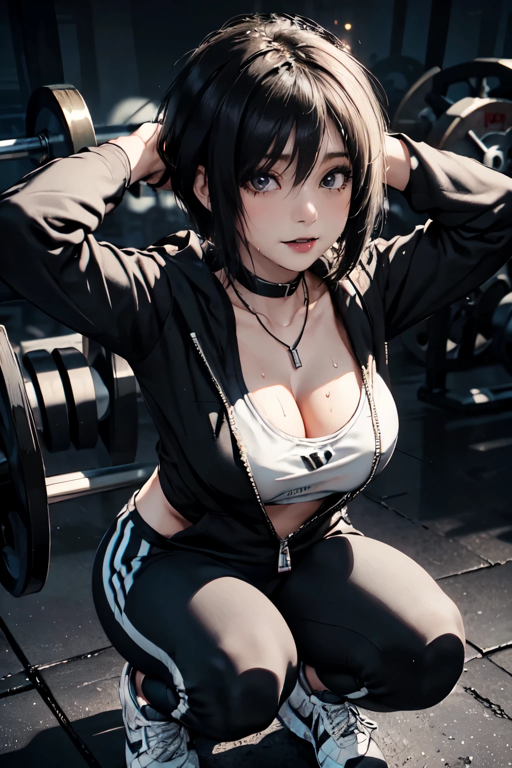 Girl, woman, emo_hairstyle, black lipstick, dog collar, necklace, eyeliner, eye shadow, smoky eyes, realistic lighting, short hair, shiny skin, big breast, black long sleeved zipper top, zipped hoodie, cleavage, adidas pants, tight sports pants, unzipped top, Narrow eyes, sweaty, oiled up, oily body. Gym wear, sportswear, gym, training, squatting, ass sticking out, arched back, hands behind head, smile.