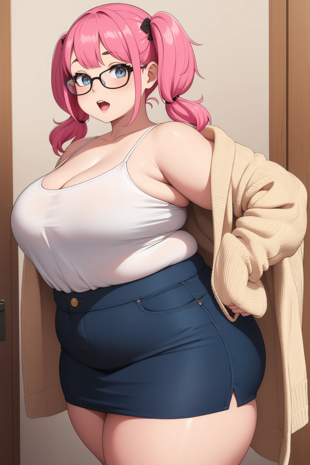 cute soft anime woman, shy, sweet fluffy girlfriend, mature, big breasts, wearing a sweater, fat, wide hips, soft, fat, chubby, pink hair, tall, shy. pink sweater. obese.
