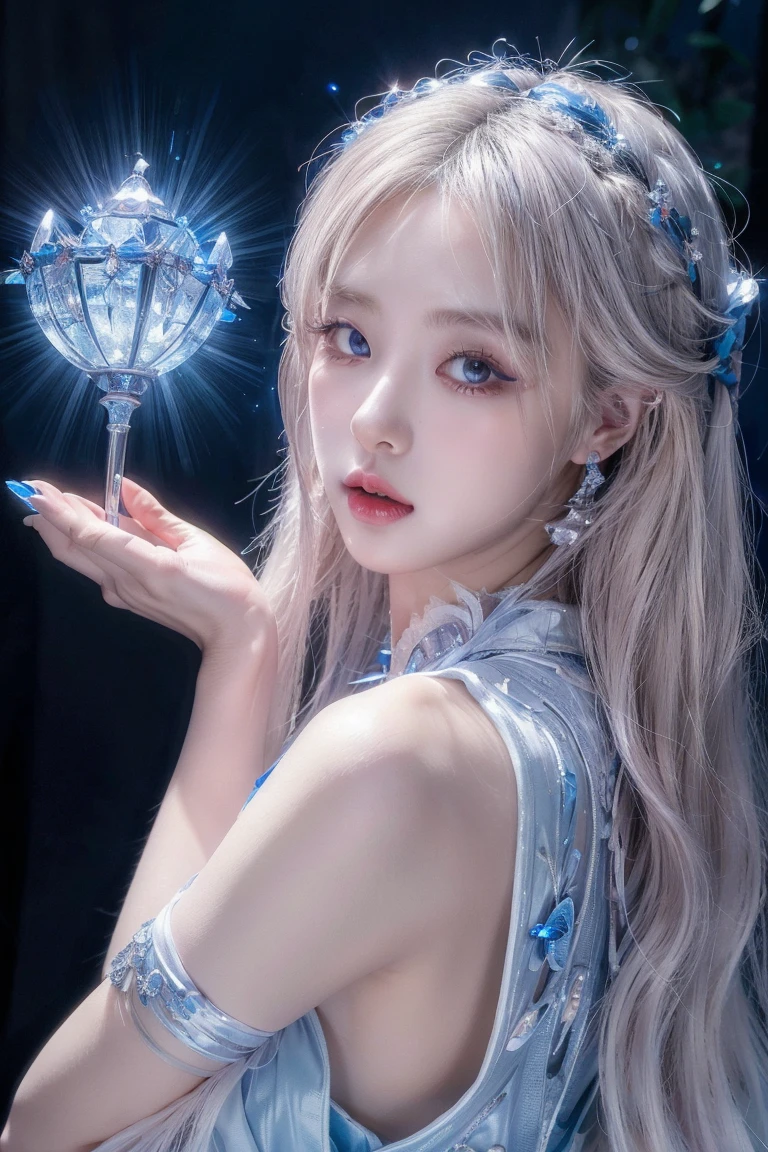(Tarot card style:1.3), (Anime Style:1.3), masterpiece, Highest quality, Highest Resolution, Anatomically correct, Accurate Anatomy, (Floral blank background:1.3), (1girl:1.3), 20-year-old, Height: 165cm, Shot from thigh up, (Thick thighs:1.2), (Long Hair, Straight Hair, Silver Hair:1.3), (Squint your eyes, Sharp Eyes, (Iris:1.2)), (Hidden eyelid wrinkles:1.2), Thin eyebrows, Draw eyelashes carefully, Natural Makeup, Chin up, Grin, Slightly to the side, (Fantastic world dresses:1.3), (Pose a random model:1.2)