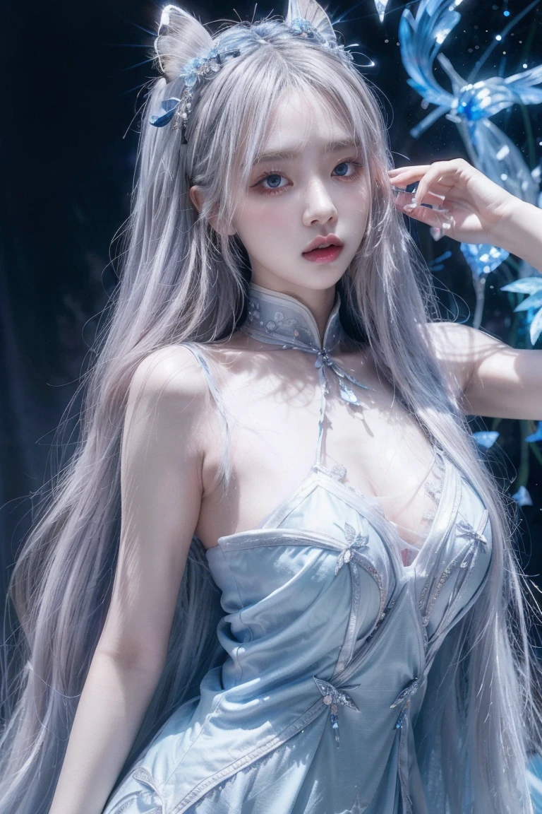 there is a woman standing in a room with a lot of alien statues, elle fanning as an android, 2 0 2 1 cinematic 4 k framegrab, james jean and fenghua zhong, eiko ishioka, promotional still, porcelain, björk, machina --ar 16:9