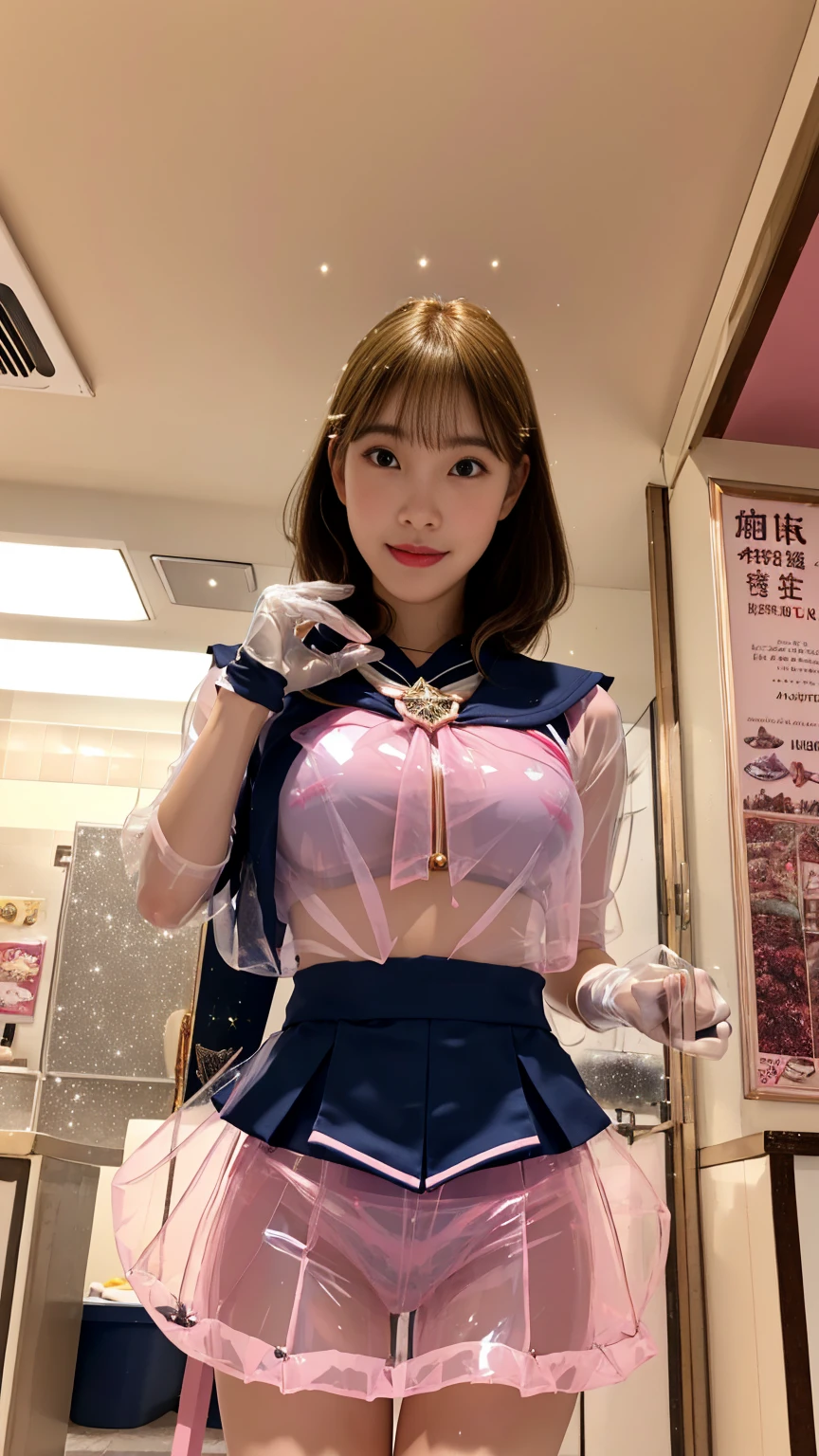 (best quality,ultra detailed,highres,HDR,8k,3D,realistic,photorealistic,super fine,effects,official art,detailed background), ((very happy smile,young,Japanese,small face beauty):1.3), ((Happy days),(round face,small face beauty):1.3), (dynamic pose:1.3), ((luxurious headdress), (choker), (garter belt with delicate embroidery and sexy stockings), (corset with delicate design:1.3), (bra with sexy design, huge breasts: 1.5), ((sexy panties with narrow fabric area), (simple and high quality gloves), (luxurious lace cloak):1.3)(Super Shiny metalic pink gold:1.3)