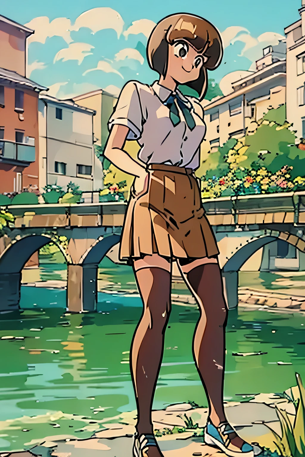 nabiki with light brown hair, with her skinny body smile and have manga bobs in spring with skirt walking in naviglio river full body, with full arms and hands show, full legs and feet shot with nike shoes how her full skinny body