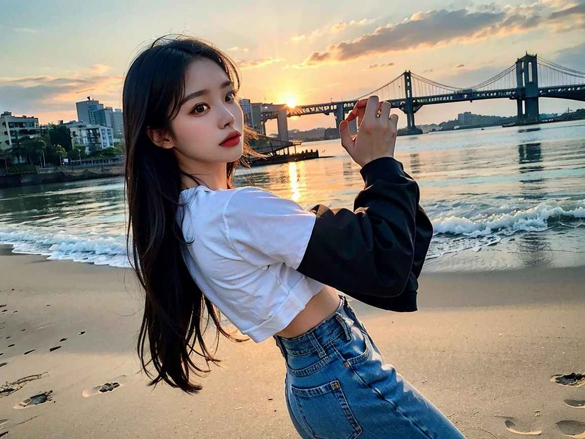 1 Girl,beach,Soft Light,Chinese Beauty,tight skirt,Dark-haired,Length of hair