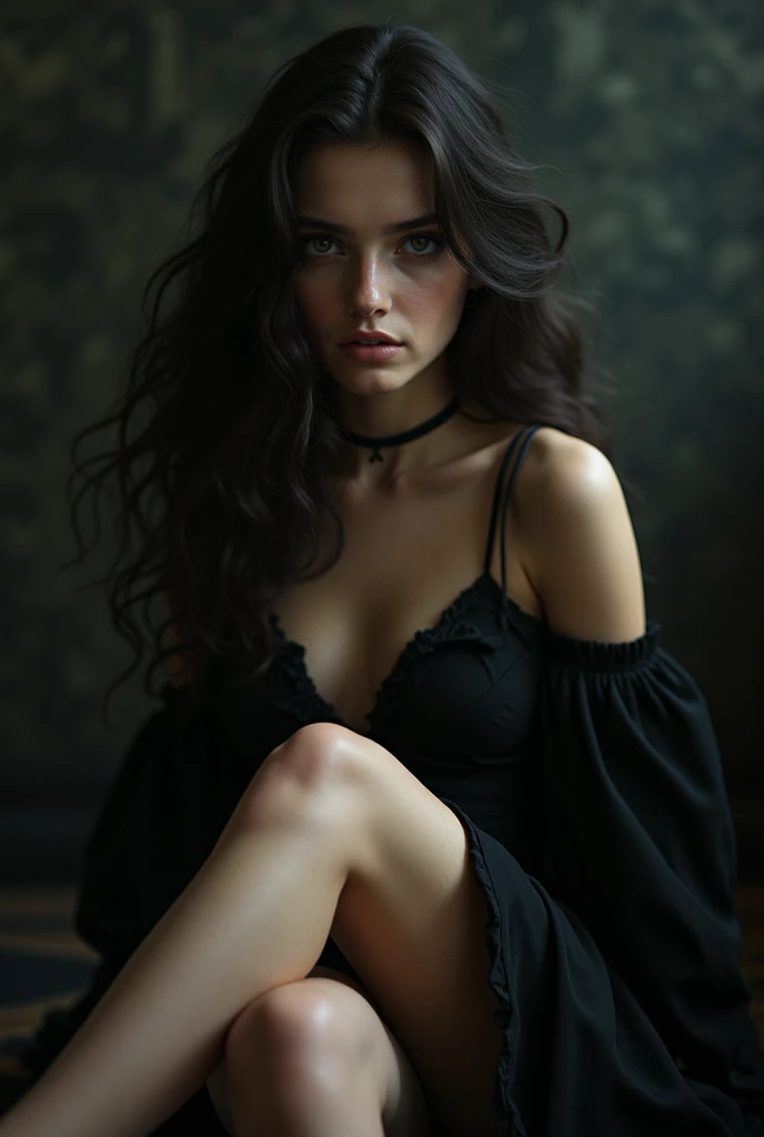 A sexy young male with teal blue eyes and long straight black hair, with pretty and delicate facial features, he is wearing gothic black clothes. His skin is pale and white. He has thick and shiny legs. (Male) (Black and purple) (Make it realistic) ((no facial hair)) ((no body hair))) ((masterpiece))  ((detailed) (((NO facial hair or body hair)) ((sexy)) (((show his full body)) (((he looks attractive)) (smirking) (he has gothic makeup on his face) ((show his whole body)) (MALE)) ((BOY)) ((NON-FEMALE)) (((he's laying his head on another boy's groin.)) (Laying his head ona boy's crotch) ((((((((((((((((((((((-Male-)))))))))))))))))))) (((((Male x Male)))) (((((No facial or body hair)))))