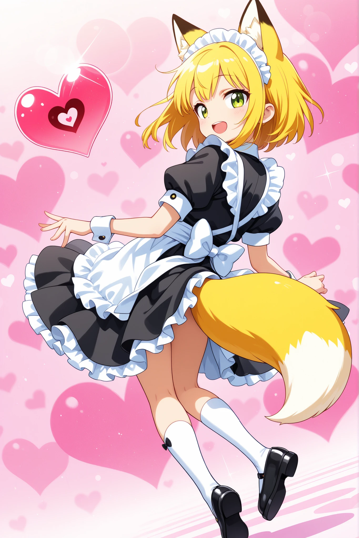 (masterpiece, best quality), (colorful),one girl, fox ears,fox tail,long yellow hair,Yellow Ime, best smile,and open the mouth,heart background, cute maid,ruffled maid clothes, socks,maid shoes,super precise illustration,  High Detail , dynamic angle, beautiful detailed, 8k, (high resolution), anime style,cute,Make a heart with your fingers,winks at the end, clean and clean ,lens flare on the back,viewers,full body,