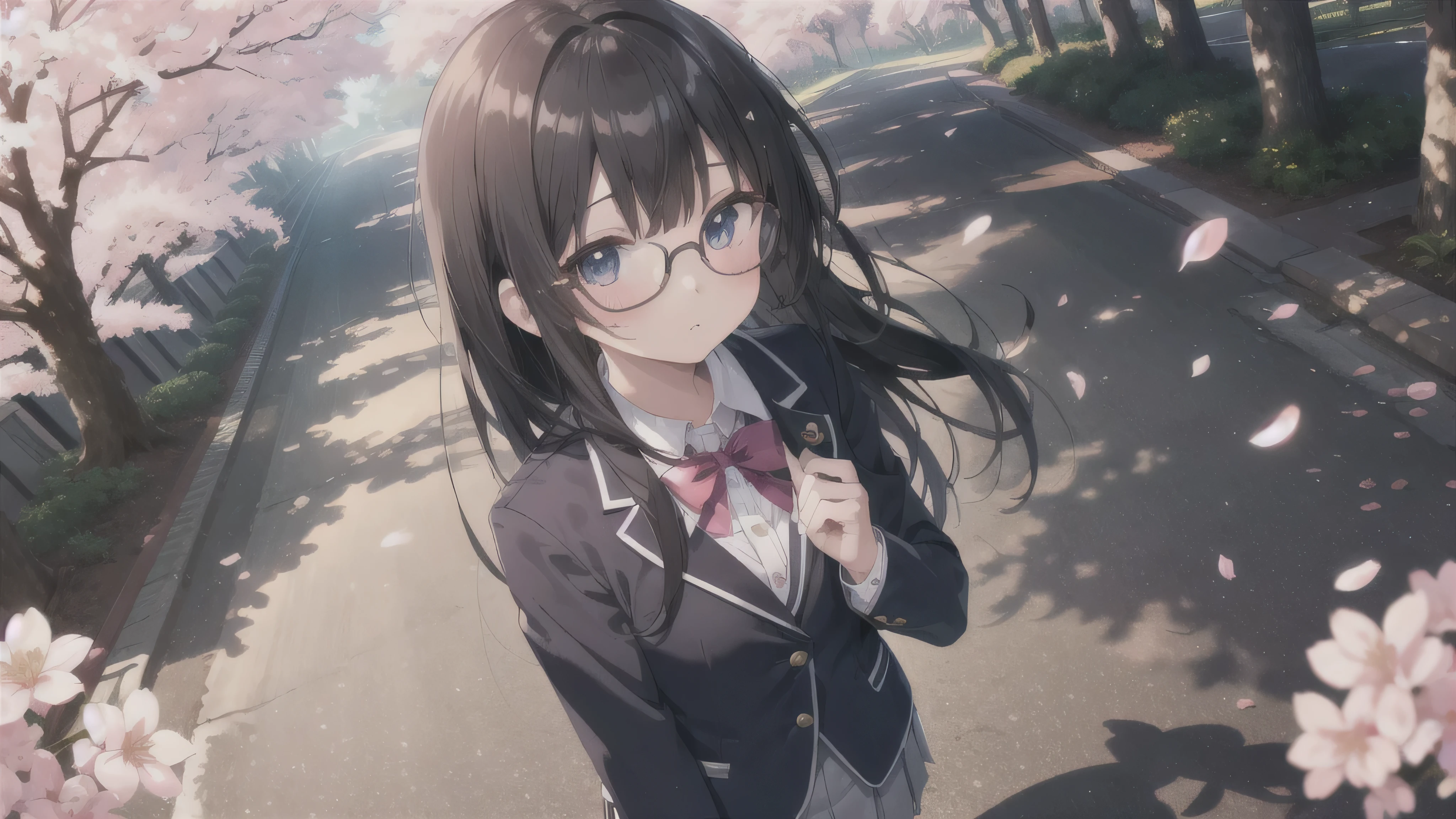 ( top quality、4K、8k、 high resolution、 greatest masterpiece:1.2) angle from above,Photo,Confession,is a cute anime girl with dyed cheeks,cute anime girl with dyed cheeks、 glasses,black hair,long hair 、Posoro,high school girl,blazer uniform,Walk along the path where cherry blossom petals dance、