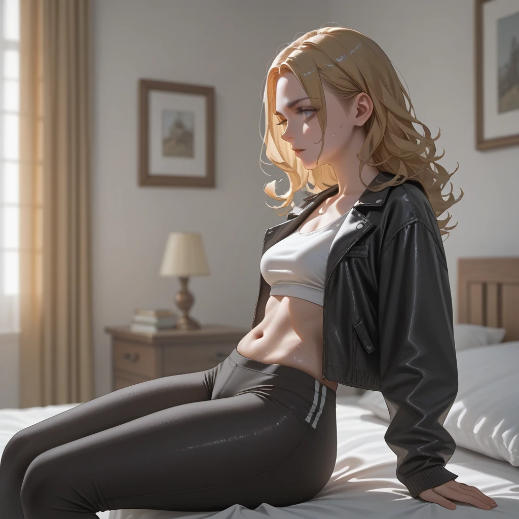 Absurdity, High Definition, Ultra Detail, (1 Girl: 1.2), Gigantic, (Dark Tan Skin: 1.4), Abs: 1.25, Unity 8k wallpaper, Women, Black Flat-screen sports bra, Fishnets, Dynamism, Cinematic shots, Intricate Details, (Lift G Jacket: 1.3), (Skin Visible: 1.3), Casual clothing, Indoors, Bullying, Playful, Sheer Nipples, seductive pose, blonde, lying on bed, seduction, pubic area,, wet, spread crotch wide