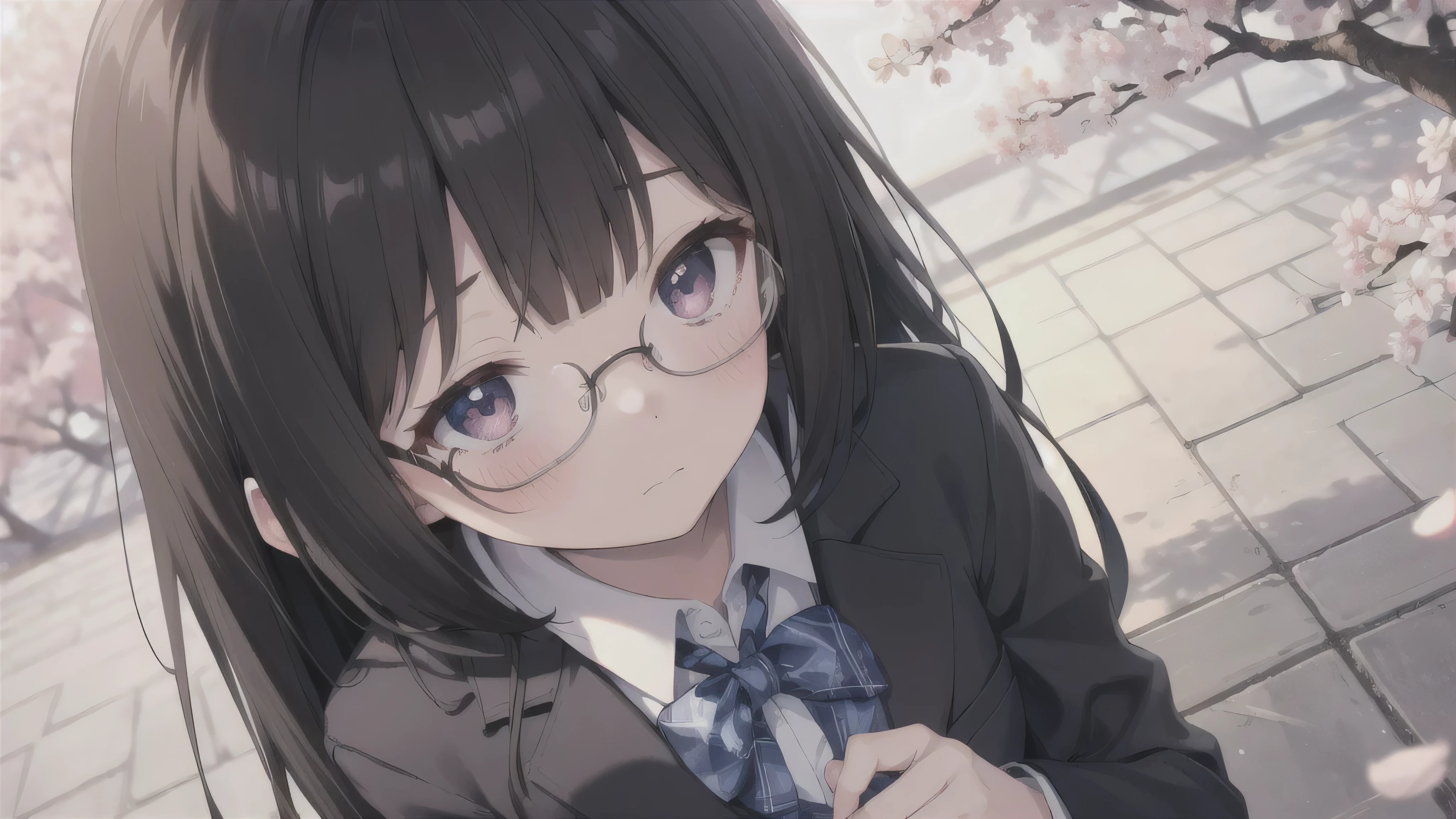 ( best quality、4K、8k、 high resolution、 greatest masterpiece:1.2) angle from above, looks up,Photo,Confession,is a cute anime girl with dyed cheeks, shy face,Cute Anime Girl、 glasses,black hair,LONG HAIR 、solo,high school girl,blazer uniform,Cherry Blossom Festival ,