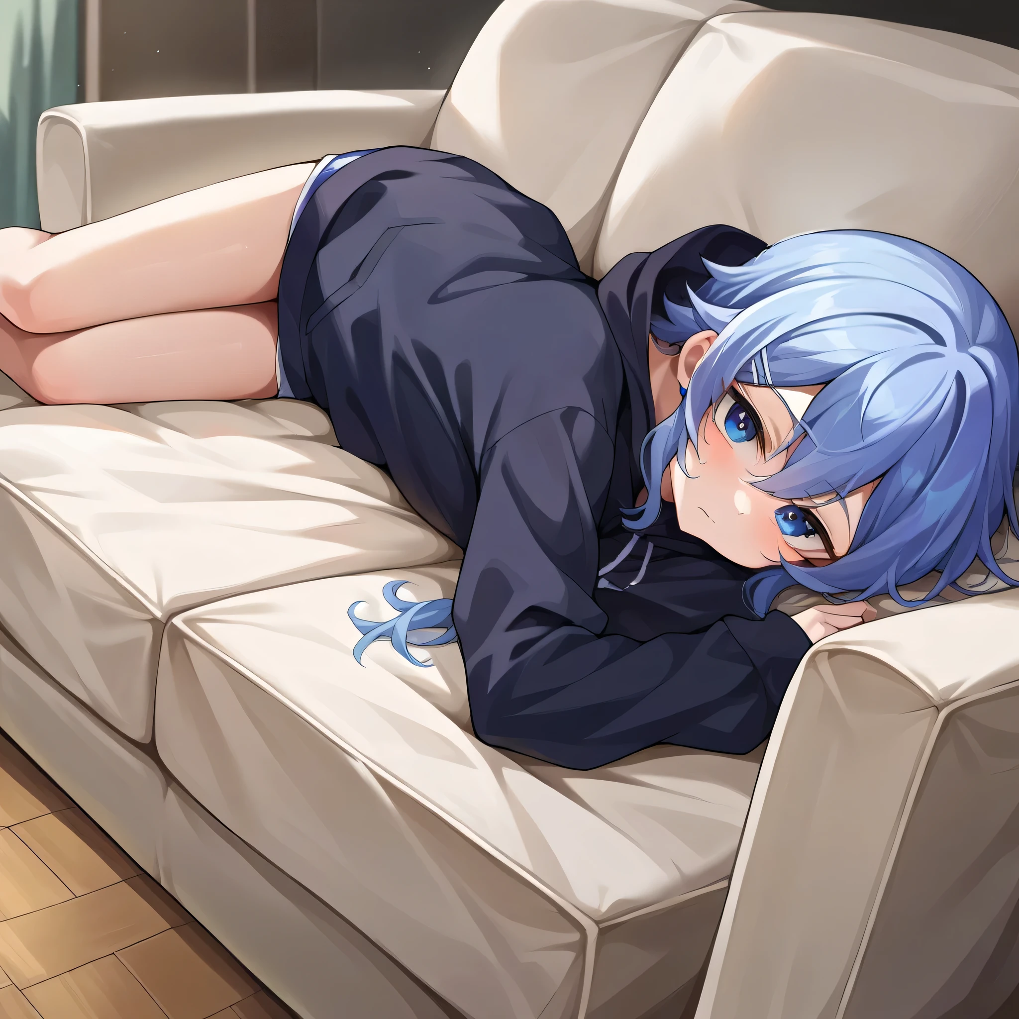 score_9, score_6_up, source_anime, 1girl, lying, on couch, Hoshimachi suisei_base, black hoodie