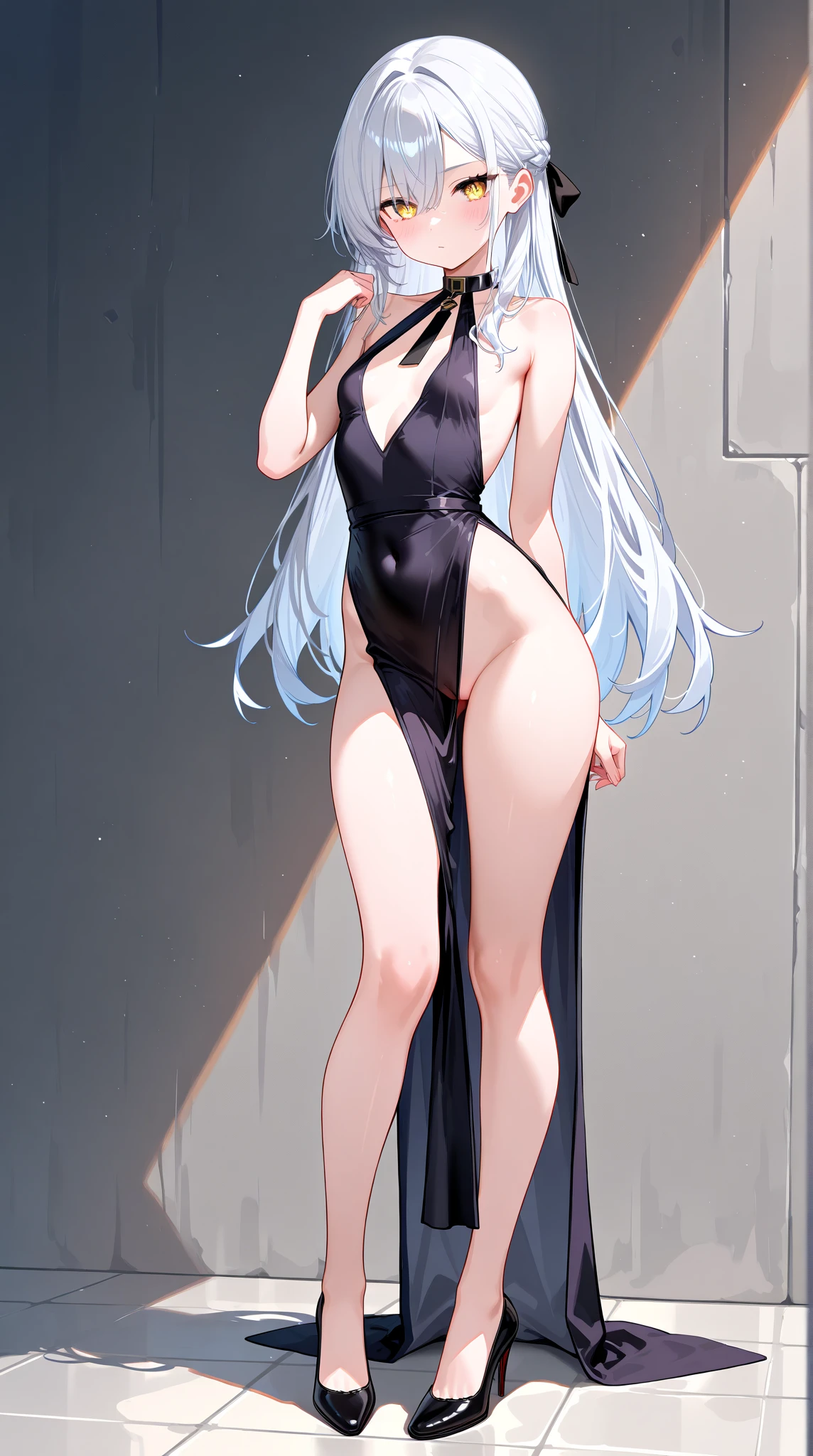 highest quality High resolution one young beautiful woman red eyes beautiful white hair medium perm cute soft girl Cat ear The huge breasts of a virgin killer with amazing charm bbw open your legs vertically standing on one leg