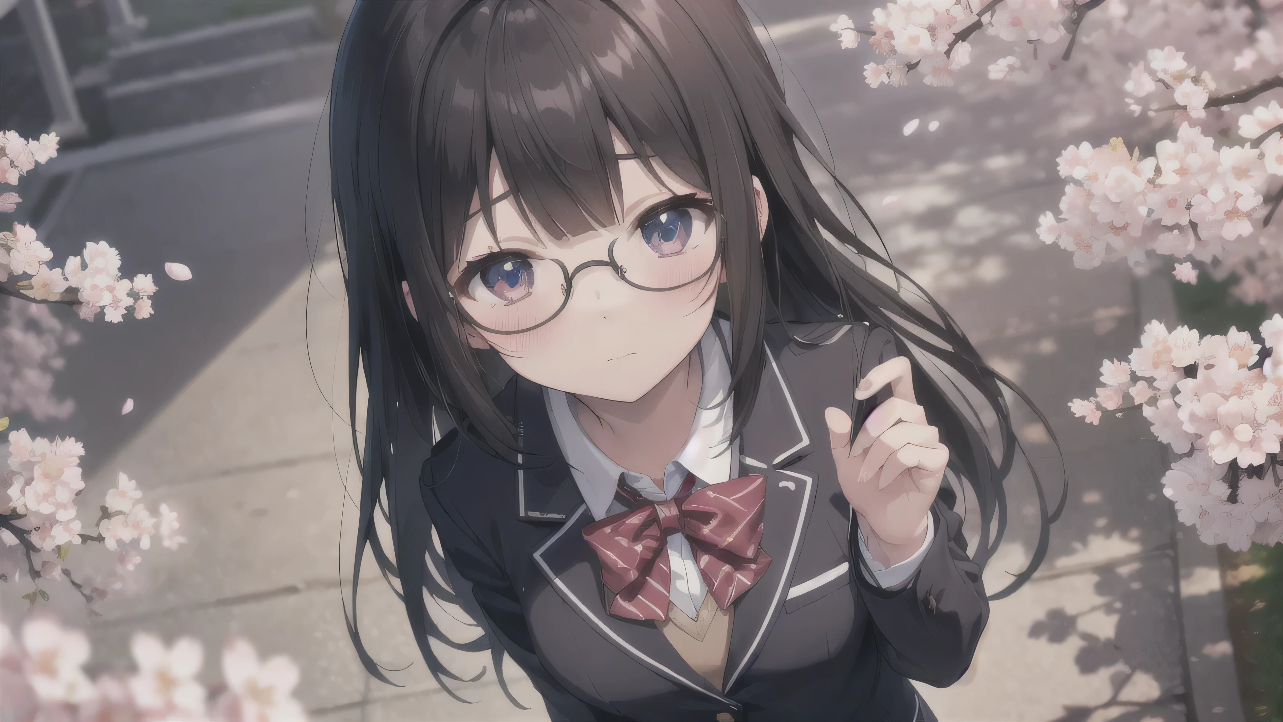 ( best quality、4K、8k、 high resolution、 greatest masterpiece:1.2) angle from above, looks up,Photo,Confession,is a cute anime girl with dyed cheeks, shy face,look into the distance,Cute Anime Girl、 glasses,black hair,LONG HAIR 、solo,high school girl,blazer uniform,Cherry Blossom Festival ,