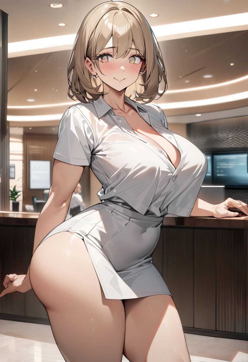 masterpiece, Hot Shots, ((highest quality、4k, detailed person)), disorganized, perfect anatomy, Te Takemor's smile), necklace, choker, dressig chest:1.3), No bra, defined abdomen, white clothes, Are standing, Background of the Doctor's Office, sexy pose、((exquisite female body、the best beauty、fascinating thighs、Enchanting cleavage))