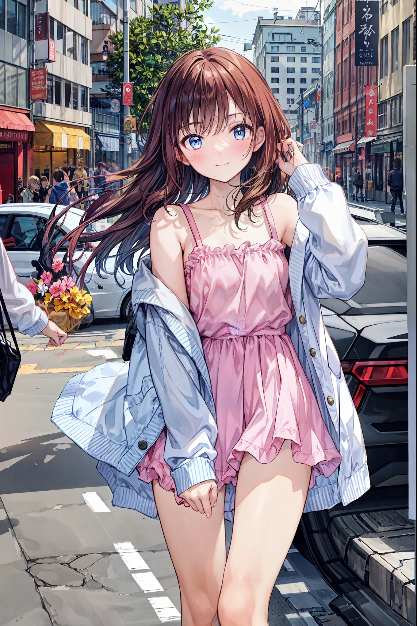  high definition RAW color photos , professional shooting, (((Bokeh))), written border depth, has fallen from the sky 、camisole、短いhair、chest, hair，shortcuts，左目の乱れたhair，短い編み込みのhair， Neat ，  slender and beautiful woman with C cup breasts，  correct posture，small breasts，beautiful legs，your enchanting gray-blue eyes shine like stars，dull eyes，bright color,Beautiful Eyes,A delicate smile,textured skin,best quality,  parody of a gentle and beautiful woman ,anime style､