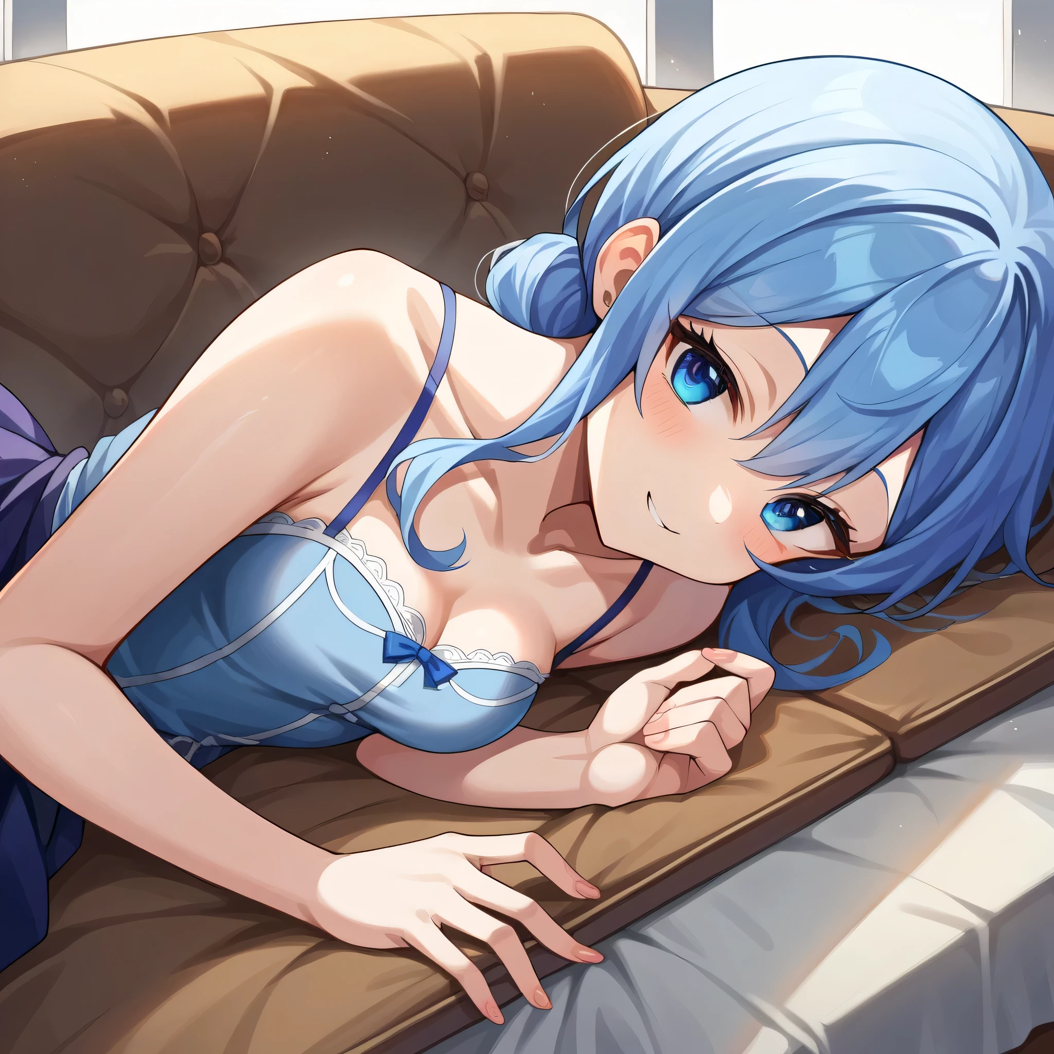 score_9, score_6_up, source_anime, 1girl, lying, on couch, An illustration of Hoshimachi Suisei lying on a bed with a smile. Suisei is wearing an outfit with a strong contrast of aqua blue and black, and the background is soft, giving a sense of the room's atmosphere. The overall mood is relaxed and slightly sexy