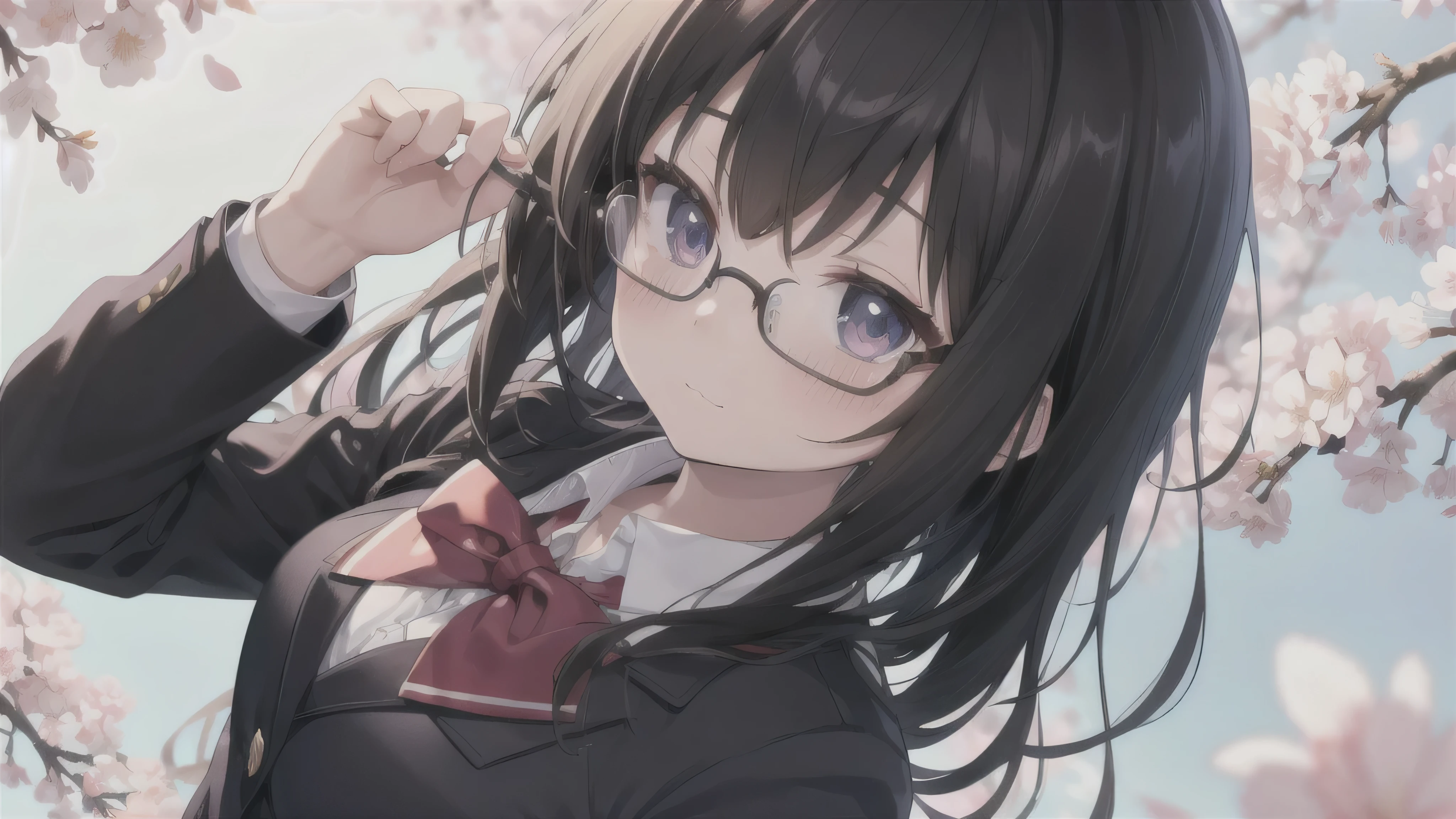 ( best quality、4K、8k、 high resolution、 greatest masterpiece:1.2) angle from above, looks up,Photo,Confession，is a cute anime girl with dyed cheeks, shy face，look into the distance,Cute Anime Girl、 glasses，black hair，LONG HAIR 、solo,high school girl，blazer uniform，Cherry Blossom Festival ,