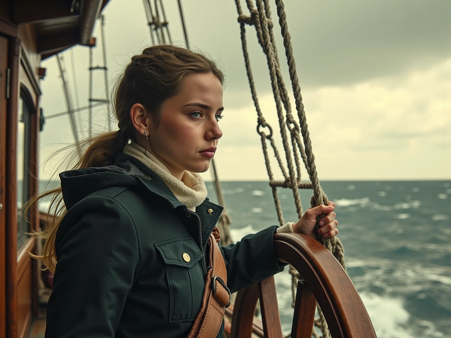 Aerial shot. A sailor woman looks into the sky, she is standing on a deck of medieval ship