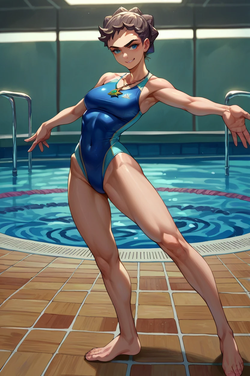 1 girl like SF6CW, white Cammy with perfect body, Gorgeous, toned body: 1.2, camouflage, Green leotard, red beret, Braided hair, blonde, standing, Thighs (((muscular))), (muscular belly), barefoot, small feet, full body, 8k, very detailed scene, (((In the pool))), very thin waist
