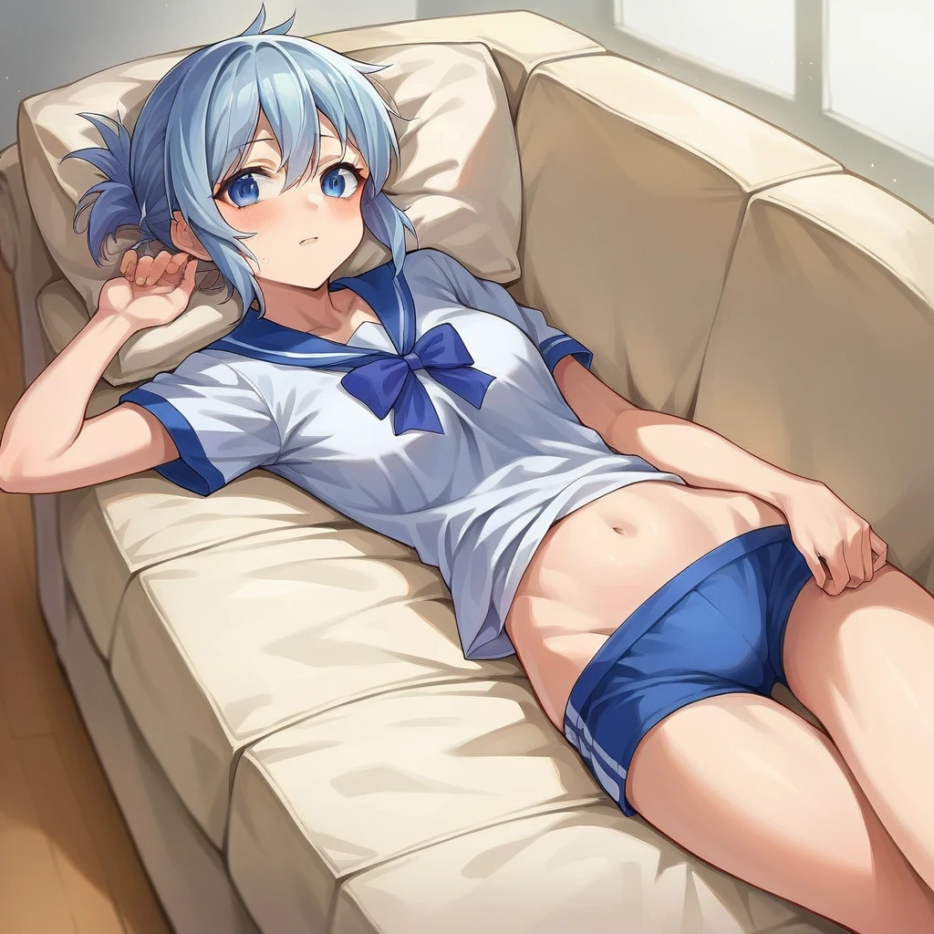 (masterpiece, best quality:1.2), 1girl, solo, scenery, illustration, looking at viewer, school, depth of filed, light on face, portrait, light blue hair,
 (white panties:1.5), (spread legs, open legs, knee up:1.3), naval, groin, perineum, leaning back, body tilt, shy, blush, embarrassed, small breasts, arms behind back, cowboy shot, dutch angle,