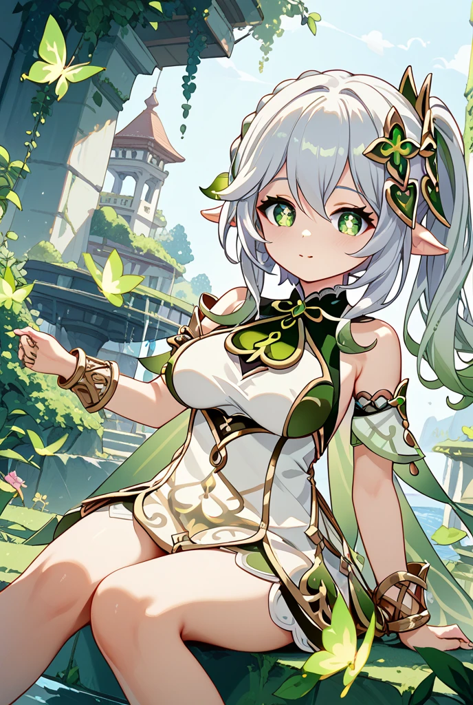 tmasterpiece，Best quality at best，1girl，独奏，nahida_genshin，cross-shaped pupils，default_dress，standing on your feet，Huge breasts，semi-bare，huge tit，Expose sexy，Expose breasts semi-naked，Sexy big ass，Fiddling with sexy ass，Expose sexy breasts，The kinky is exposed ，Protruding anteriorly and posteriorly，gigantic cleavage breasts