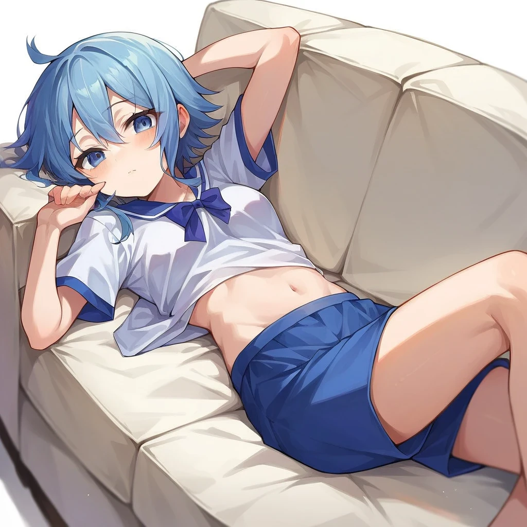 score_9, score_6_up, source_anime, 1girl, lying on couch, Hoshimachi Suisei, midriff exposed