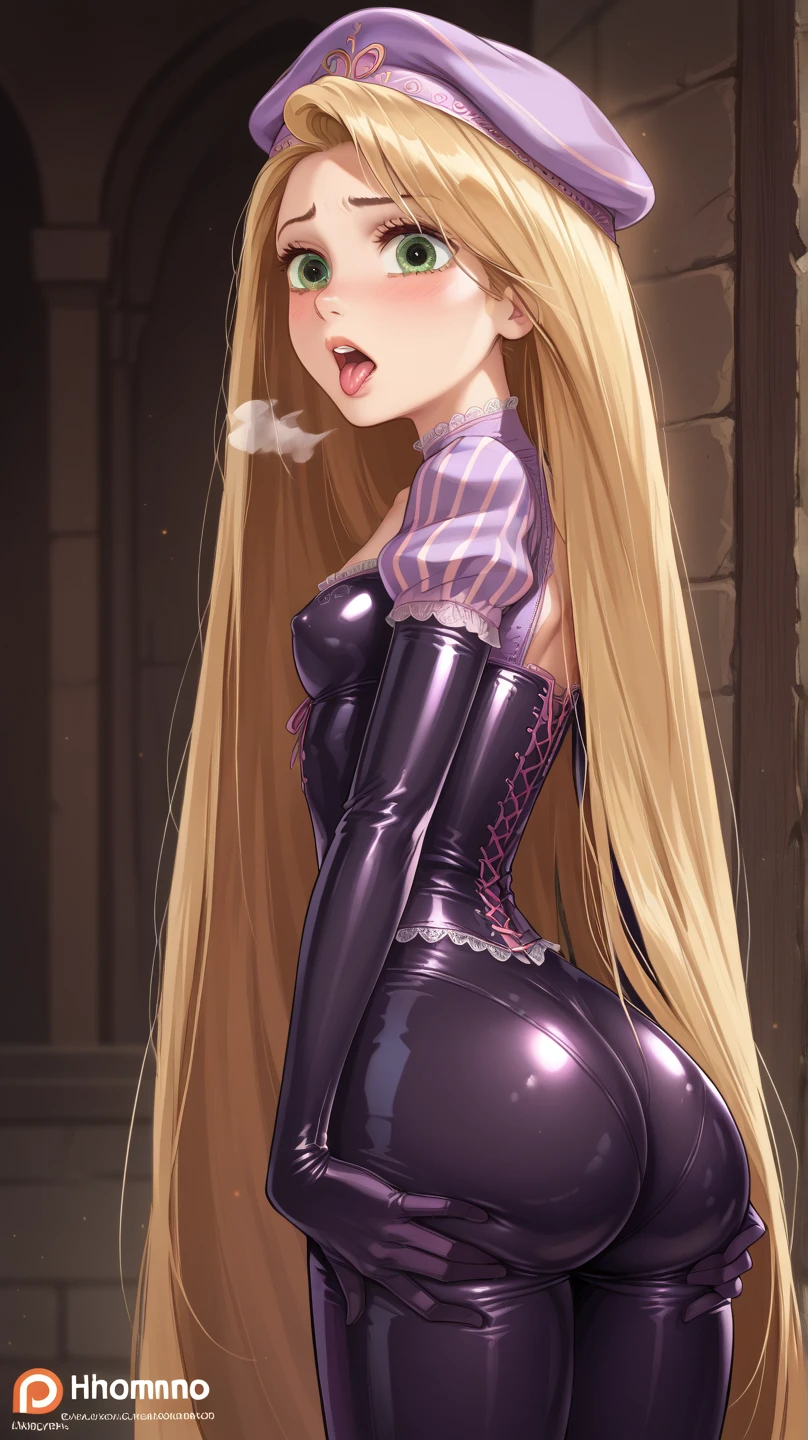 Long wavy blonde hair, green eyes, glasses, pink bow, massive , big ass, juicy lips, big lips, droopy purple eyes, massive lashes,smiling, ((platform boots)), gothic clothes, dark makeup, lace, corset, ((plain background)), ((standing on dick)), cock , from below,cute room, bedroom, planted pots