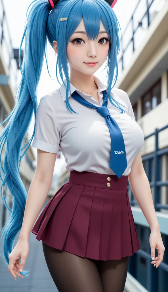 AGMM, 1girl, (Karol G, blue hair, Colored_Skin:1.2), wearing wet see-through school uniform, large breasts, reveal, covered, skirt, thighhighs. inside building, classroom, sunbeams, bokeh, sparkles, evening, smile, sexy smile,