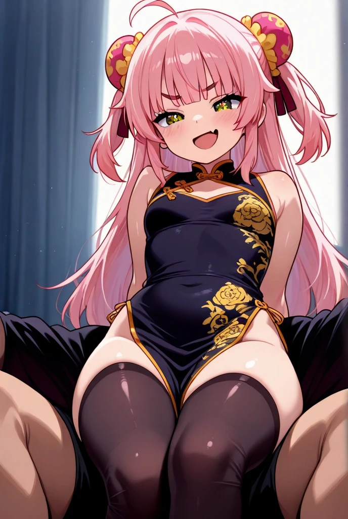 (best quality, very aesthetic, absurdres, ultra-detailed:1.2), (highly detailed CG unified 8K wallpaper), 1girl, Louise Francoise le Blanc de la Valliere, pink hair, wavy hair, very long hair, pink eyes, long eyelashes, (small breasts), red china dress, cleavage cutout, side slit, micro panties, side-tie panties, motherly smile, vulgarity, half-closed eyes, straddling, spread legs, on bed, bedroom, (1boy, pov, implied sex, girl on top), x-ray, internal cumshot, (spoken heart:1.2), ceiling, nsfw