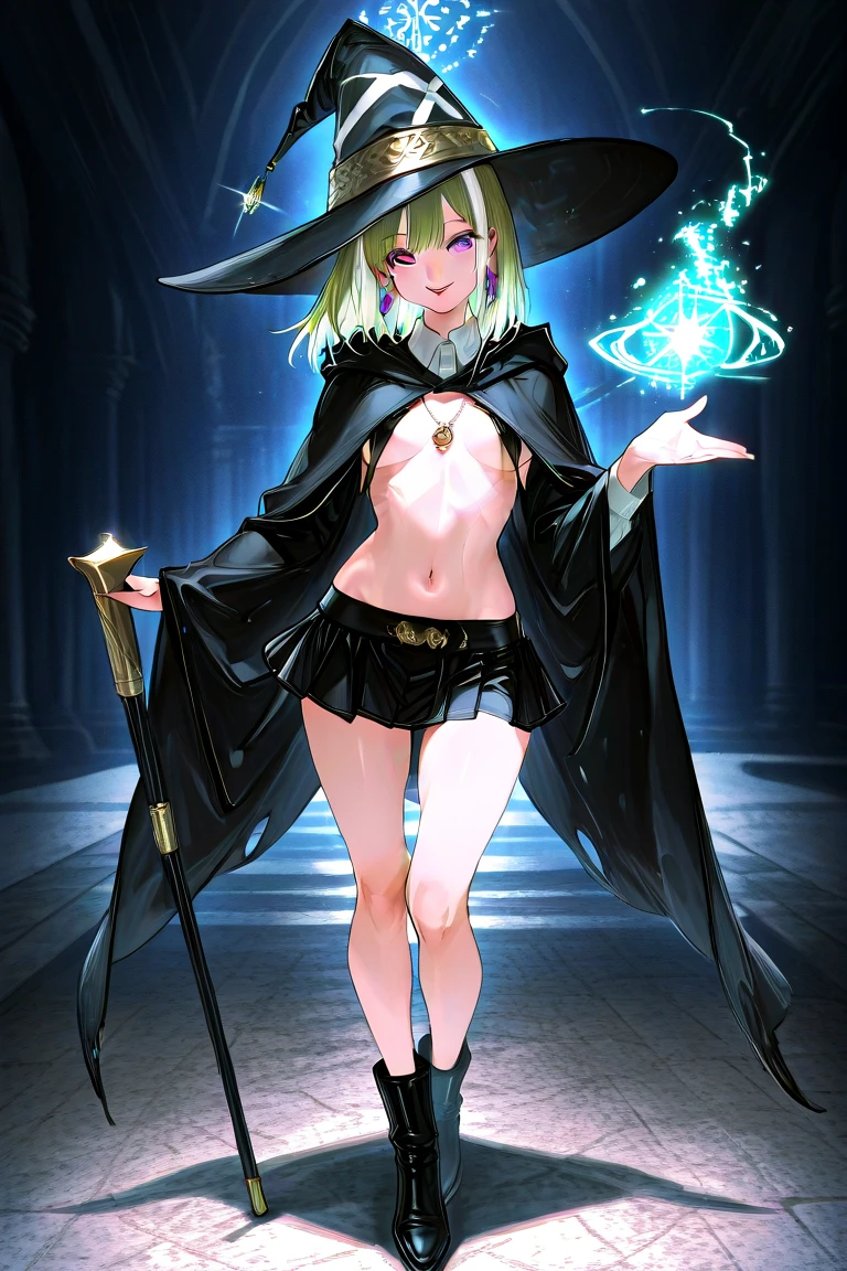 dark magician girl, anatomically correct, dynamic pose, smiling, elegant, xianxia fantasy style, intricate details, masterpiece, 8k, photorealistic, vibrant colors, dramatic lighting, cinematic composition,solo, naked