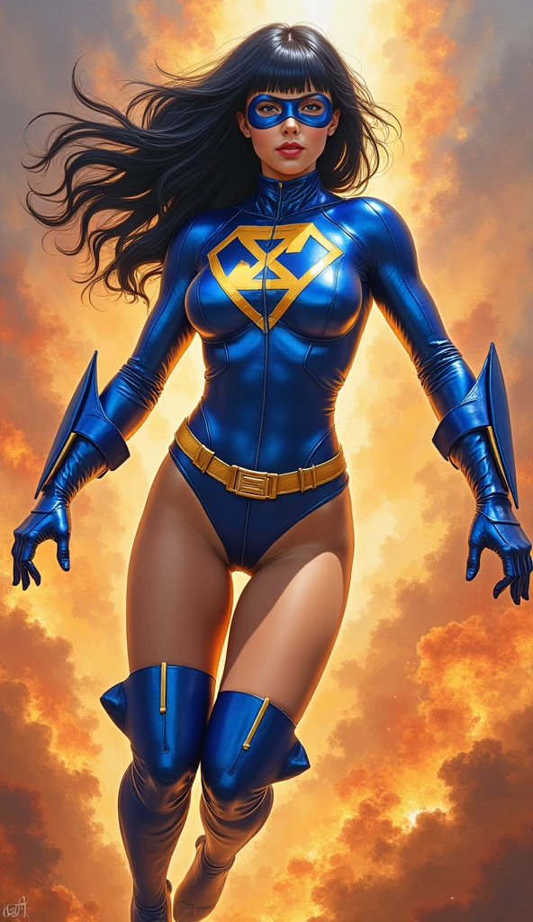Digital painting of a woman with royal blue and black hair, Superhero, Muscle Girl, Pause, Raise your fist, From above, 1 Raise your knees, Behance Contest Winner, Afrofuturism, Synthwave, neon, glowing neon, Huge saggy breasts,cape,highschool skirt,cute smile,