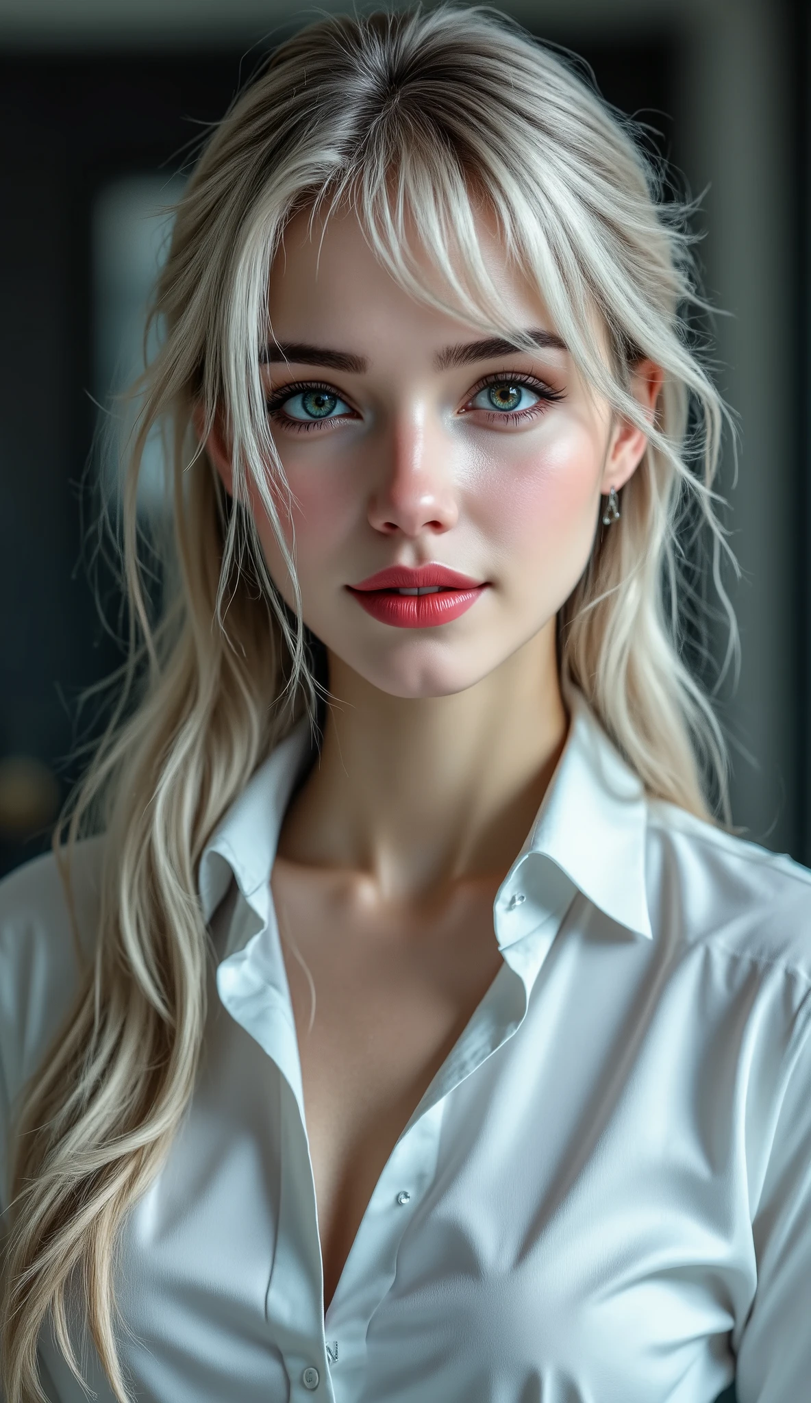 Realistic ((Photorealistic realism)), Hyper high resolution, ((Hyper insane quality, epice masterpiece, intricately detailed digital art)),((focus on extremely Realistic Proportion Body:1.3), ((full body photo)), perfect pear shape with her friends, pink and green hair, long ponytail hair, ((sharp focus, no blurry eyes, Hyper absurd quality, Hyper details,Hyper realistic green eyes:1.4)), (perfect round eyes), (finely detailed pupils, (extremely fine details pupils)), She's a Russian beauty with lovely big , silver hair, red lips, pale skin, clean skin, Perfect pear-shaped figure, and her height is 174 cm, she's a spy, and she is infiltrating a major US agency wearing a white women's suit, Most people don't know she's a spy, She is very beautiful, She has a smile that attracts people, best spy, dslr, high quality split lighting, sharp focus captured by Fujifilm XT3, f 5.6,(perfect composition),((look at the viewer)), (Rendering engine: "Unreal Engine 5 path tracing, 16K texture maps") The ultra-Highres,Unreal 5,Subsurface scattering,PBR Texturing,Post-Processing,Anisotropic Filtering,depth of fields,Maximum Sharpness and Sharpness,multi-layered texture,Albedo and Specular maps,Surface Shading,Precise simulation of light-material interactions,perfectly proportions,Octane rendering,Two-tone illumination,Wide Aperture, low ISO, white balance, The rule of thirds