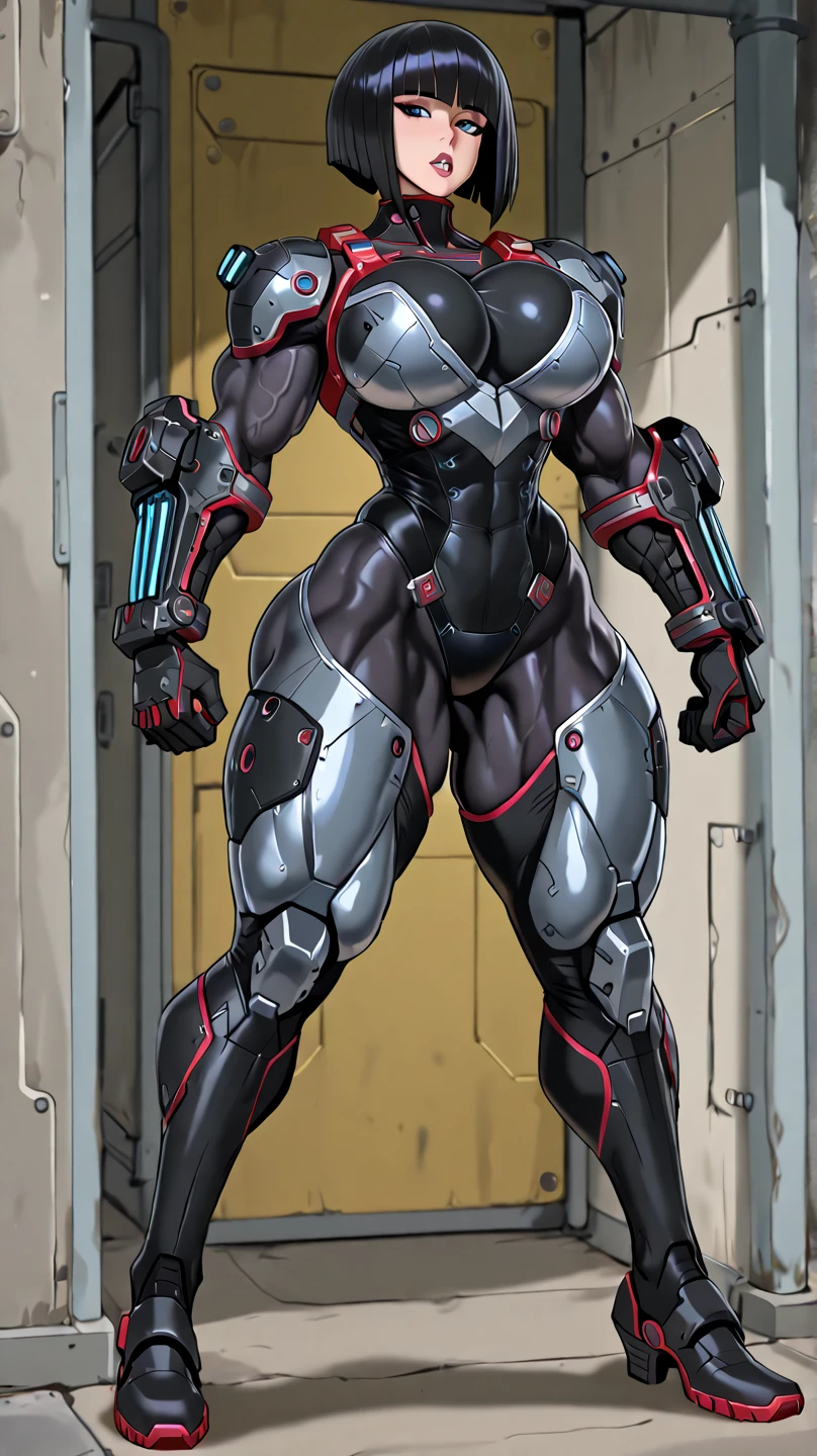 solo,female humanoid,fitness,black exosuit,full armor,multicolor trim,rgb,perfect lighting,standing,crystal trimmed,cyperpunk,trims veins,dynamic,seductive