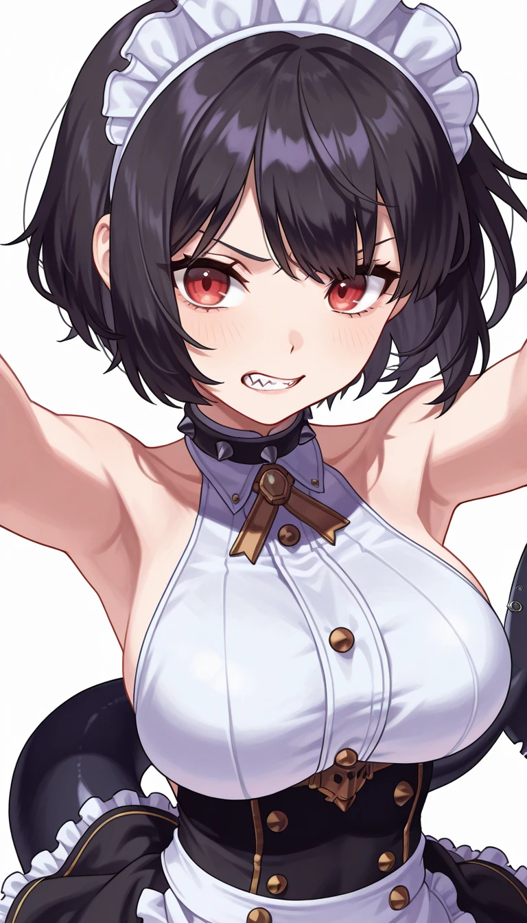 score_9, score_8_up, score_7_up, by bosshi, anime screencap BREAK source_anime, rating:explicit, 1girl , armpits , arms behind head , arms up , black hair , breasts, bright pupils , choker , cleavage , corset, gradient hair , grey background , grey eyes , huge breasts , looking at viewer , multicolored hair , red hair , seductive smile , short hair , simple background , smile , solo, upper body , white pupils ,