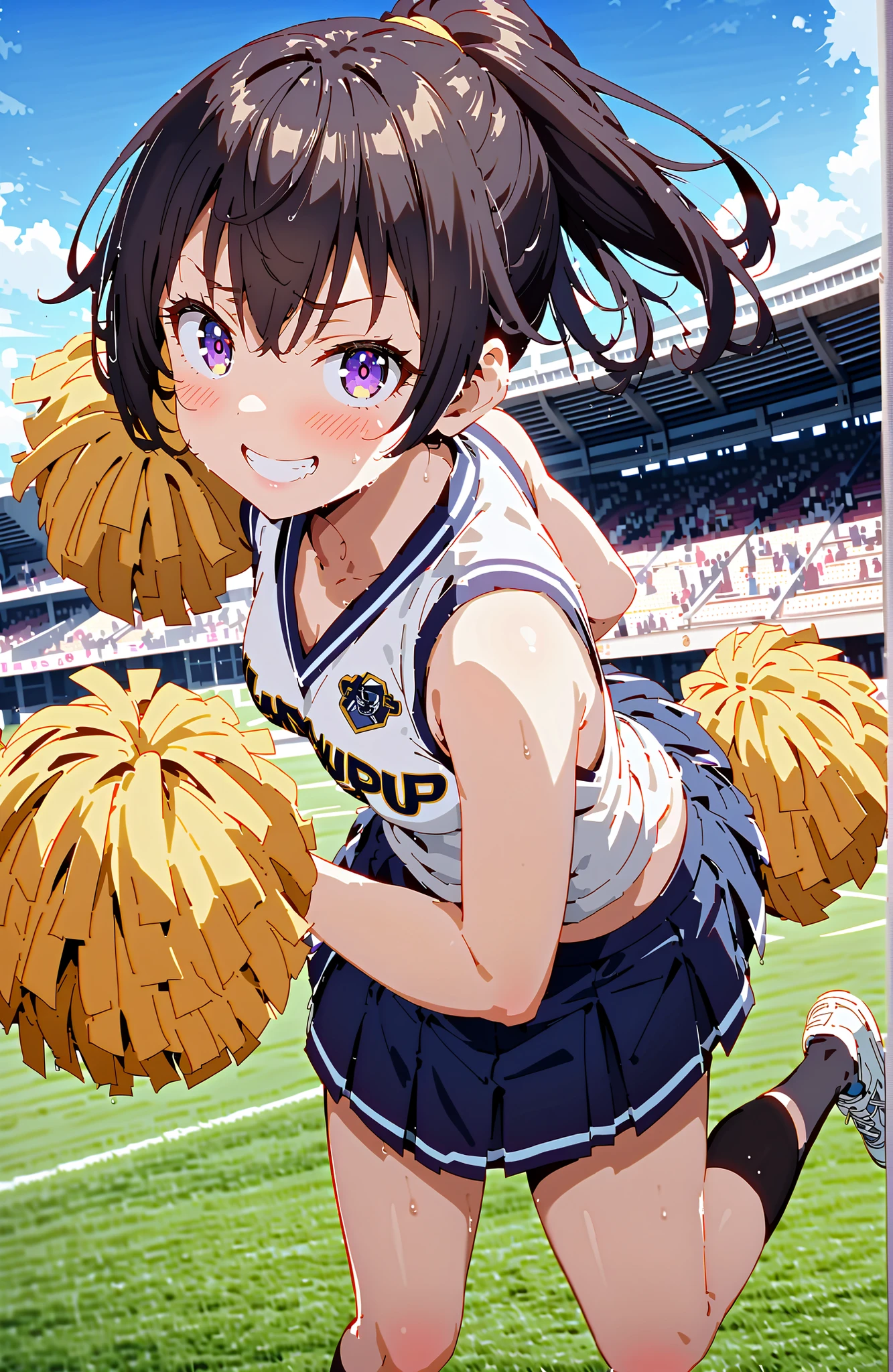 score_9, score_8_up, score_7_up, source_anime, yuki suou,side lock, bungs, brown hair, black hair, hair between eyebrows, purple eyes, ponytail,smile,blush,grinning,(cheerleading), (full body), on chest, (sweated), sweated Wet Clothes, (white clothes),Sleeveless, pleated skirt,black socks,sneakers, stomach button support , playground, (jump), (jump),両足を曲げてjumpする, , blue sky, Compa, smile,cheerleader, Pom-pom \(cheerleading\) real hair ornaments,full bodyがイラストに入るように,break looking at viewer,full body,
break outdoors,stadium,,
break (masterpiece:1.2), best quality, high resolution, Unity 8Kの壁紙, ( illustration :0.8), (beautiful detailed eyes:1.6), Highly Detailed Face, perfect lighting, Highly Detailed CG, (perfect hand in h, perfect anatomy),