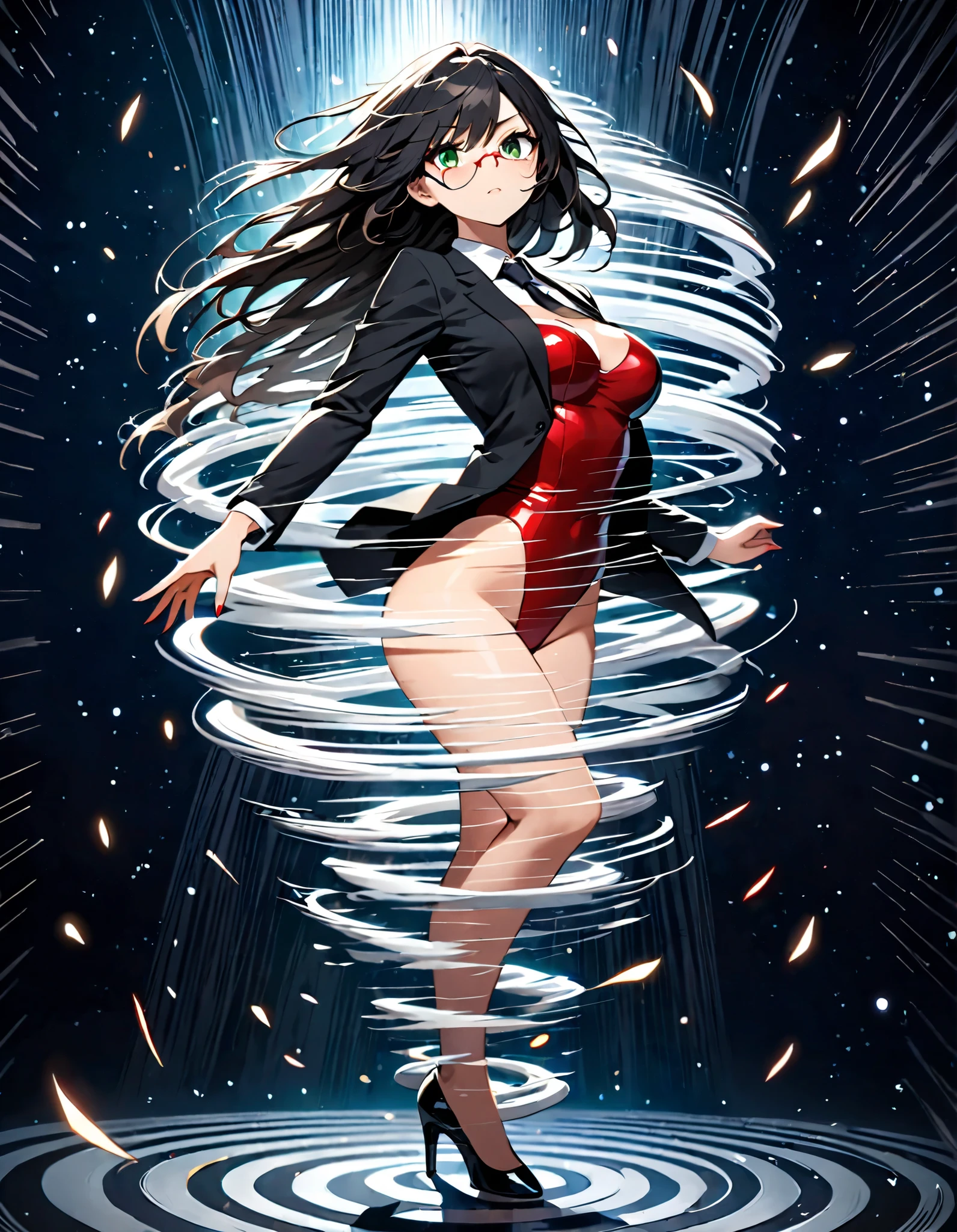 (masterpiece), (best quality), (high res), 1lady, tall body, beautiful detailed eyes, beautiful detailed face, (glasses, closed eyes), perfect hands, complete fingers, perfect anatomy, perfect proportions, ((jet black hair with brown accents, hair down)), ((black suit jacket)), ((red leotard)), ((bare legs)), ((shoes, matching shoes, high heels)), solo, solo focus, cowboy shot, outer space backdrop, serious expression. (raised arms, fast spin, dynamic whirl pose, spins fast in place like a tornado, whirls fast in place like a tornado, tornado whirling, spiral lines around her, speed lines around her, spinning energy pulse around her, storm winds around her, whirls into a tornado, she whirls at super speeds). Curved Sword Slash. she super-spins, whirlwind, light particles. (((back view, rear view, from behind))).