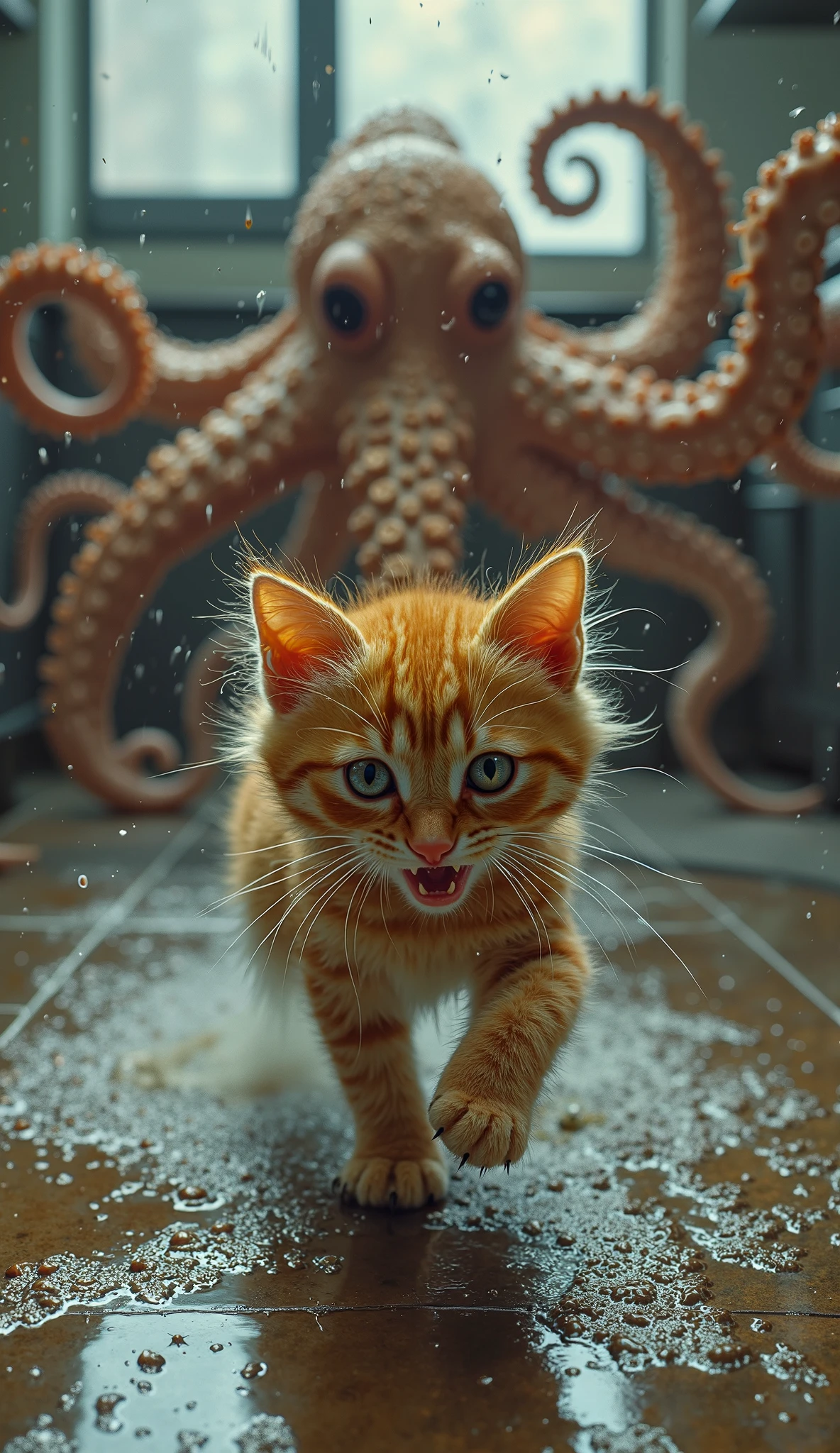 a detailed flerken, from marvel comics, orange cat with (tentacles in the mouth:1.3), epic scene, wearing a black collar with a plate, (cinematic:1.2), dynamica angle, masterpiece, best quality