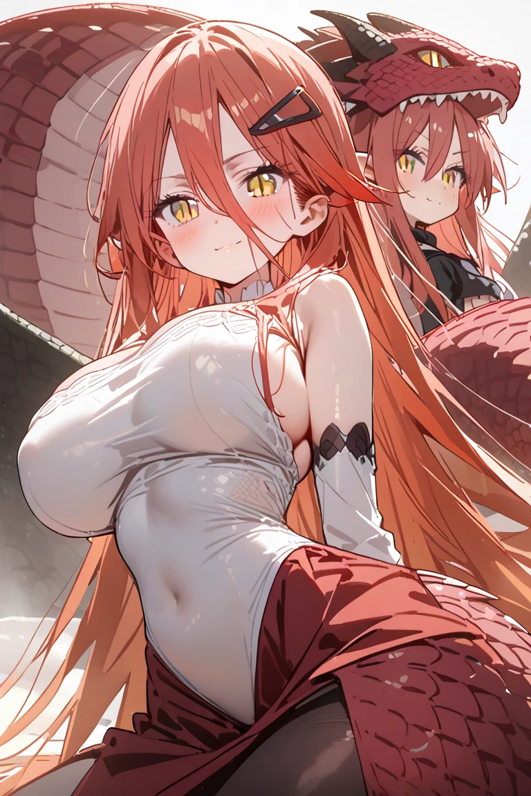 Asuna Yuuki's sultry creation: A ravishing girl with tomato-hued locks styled in a sleek goto hairstyle, gazes seductively into the camera. Her striking features, including a pretty face with a well-crafted visage and plump lips, are illuminated by warm, golden lighting. The model's toned physique is accentuated by medium- sized breasts, a moderate bustline, and a curvy derrière, showcased through a stunning white dress adorned with vibrant red stripes. The dress falls just above her knees, highlighting alluring thigh-high stockings with matching red stripes, paired with pristine white shoes. At her side, a majestic sword gleams in divine lighting, set against a heavenly backdrop that radiates an otherworldly glow, completing the visually stunning and captivating scene that exudes sensuality and allure