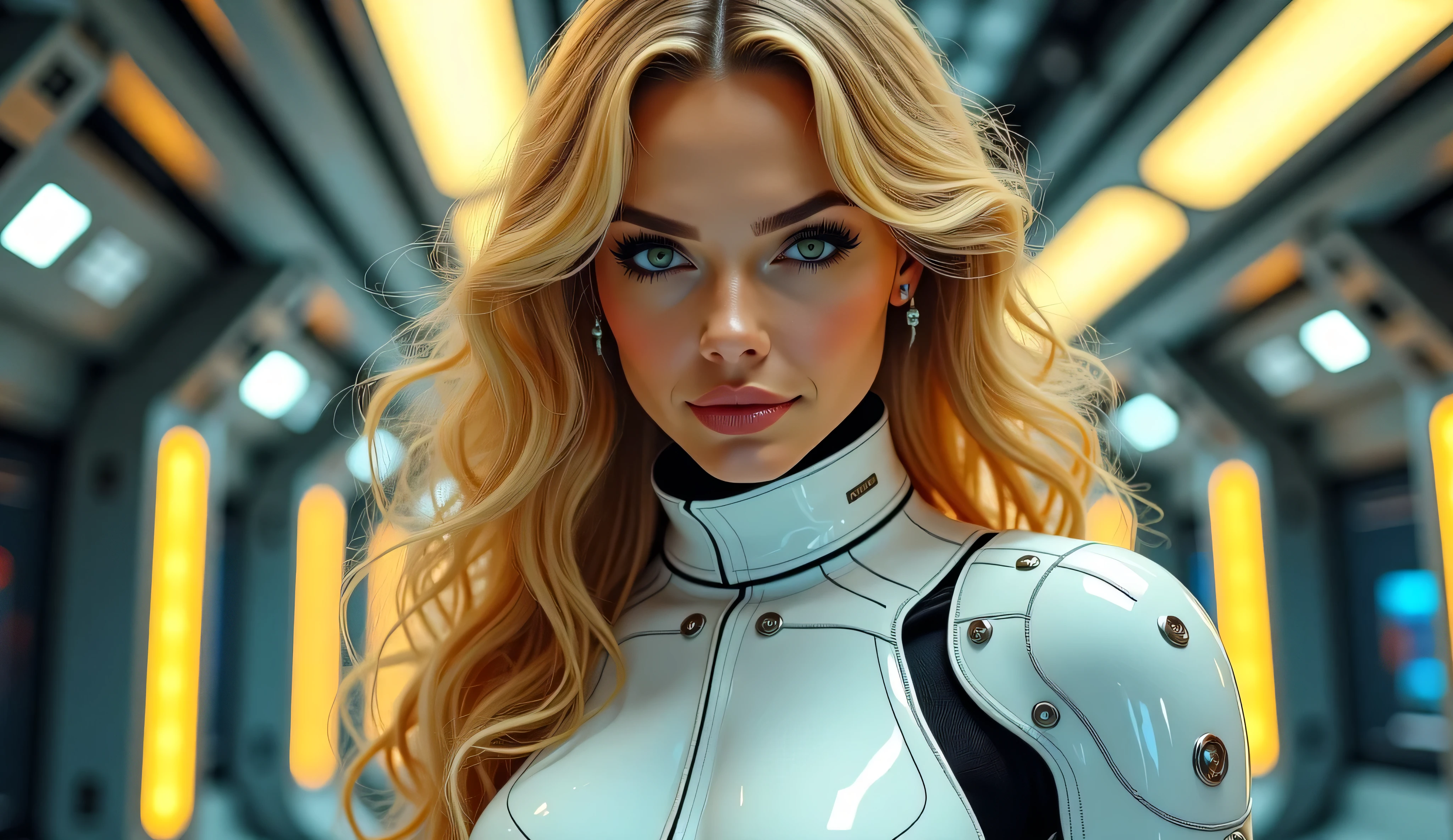 realistic acrylic art, vivid colors, lateral point of view, a beautiful european woman with long curly blonde hair, green eyes, looking at the viewer with suspicious face and a shy smile, she wears spacial white glass tight armor, gloves, adjusting a sophisticated belt, dramatic yellow lights, background space station
