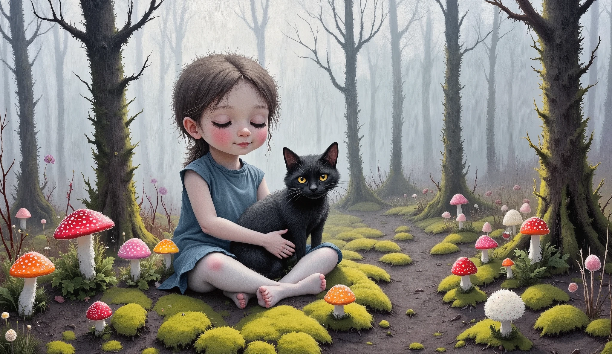 Anatomically Correct, plano general, a drawing of a girl with a black cat on her lap, a chalk sketch inspired by Ammi Phillips , , contest winner , fun and joyful pose , sorrindo, toyism, , hot summer , Flower Power , colored with many colors , colorido em , AniPnyXLQual, (negativo_v2 Cor_balance_calibration:0.8), eznegativxl ,