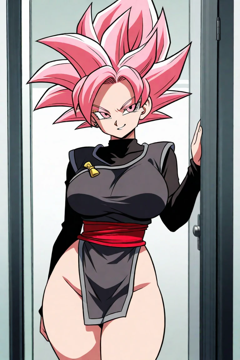 ((masterpiece, best quality)),(complex light), 1female,solo,upper body, goku black,super saiyan rose hair,pink eyes, angry, green potara earrings, large breasts, wide hips, curvy, thin waist, red collar, solo girl, armpits, arms up, large breasts, gigantic boobs, hips, curvy, thin waist, black slingshot swimsuit, black arm sleeves, abs, muscular female, 6 pack, muscles, beach background, sexy