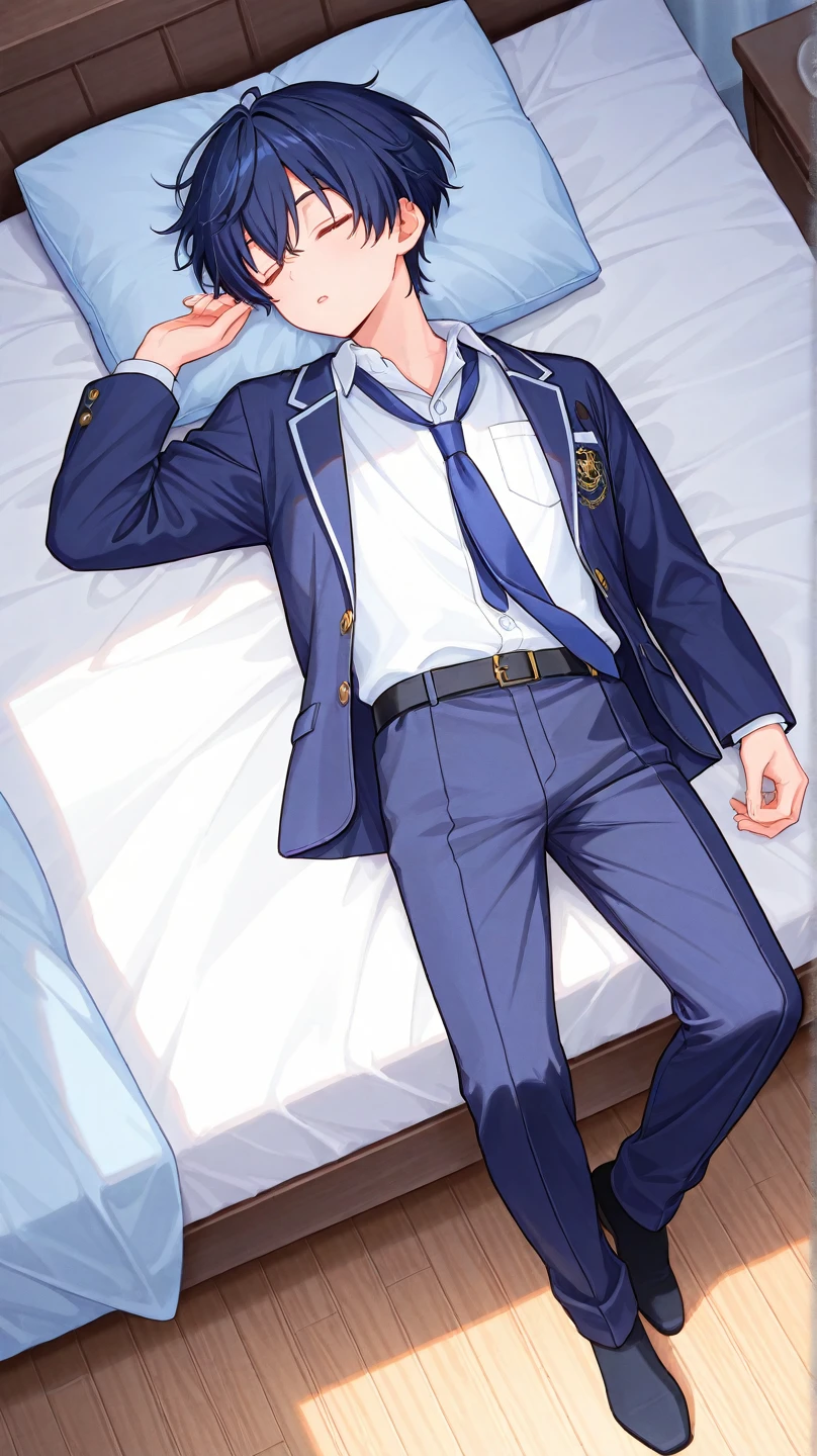 sailor uniform, 1 Boy, blond hair, White skin, 18 years old, super detail, masterpiece, 8k, korean, amazing, Idol, high quality, Refreshing, High Quality, white shirt, Blue Tie, black pants, Beautiful androgynous boy, handsome boy, The background is white