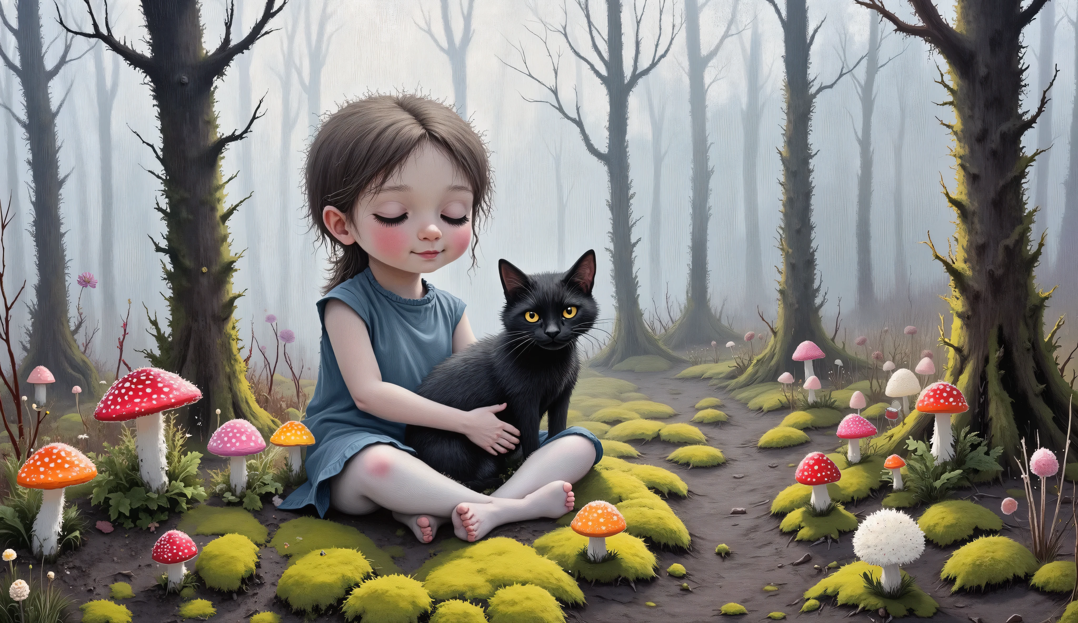 Anatomically Correct, plano general, a drawing of a girl with a black cat on her lap, a chalk sketch inspired by Ammi Phillips , , contest winner , fun and joyful pose , sorrindo, toyism, , hot summer , Flower Power , colored with many colors , colorido em , AniPnyXLQual, (negativo_v2 Cor_balance_calibration:0.8), eznegativxl ,