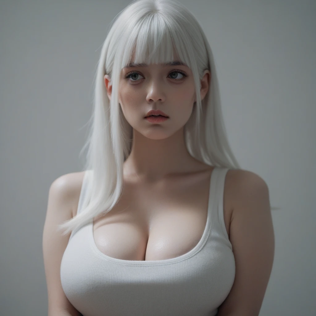 Super high quality photos, (Show ), ((hand behind head :1.5)), (Photorealistic:1.9), White skin, (((albino))), ((small sharp jaws)), ((Huge breasts :1.5)), (((Sexy Ukrainian Girl))), ((Tall Girl :1.7)), (chubby), (( :1.2)), (((Full body shot))), (((Beautiful white long straight hair :1.5)), Beautiful blue eyes, Cute little sharp face, Beautiful face, ((Squat :1.3)), (Open legs widely :1.7), studio, greybackground, (((drooping chest))), No makeup, ((Big eyes)), ((genitals)), No pubic hair, drooping eyes, sharp cheeks, Oily skin, 2arms, 2legs, (((Heavy fast bangs)))