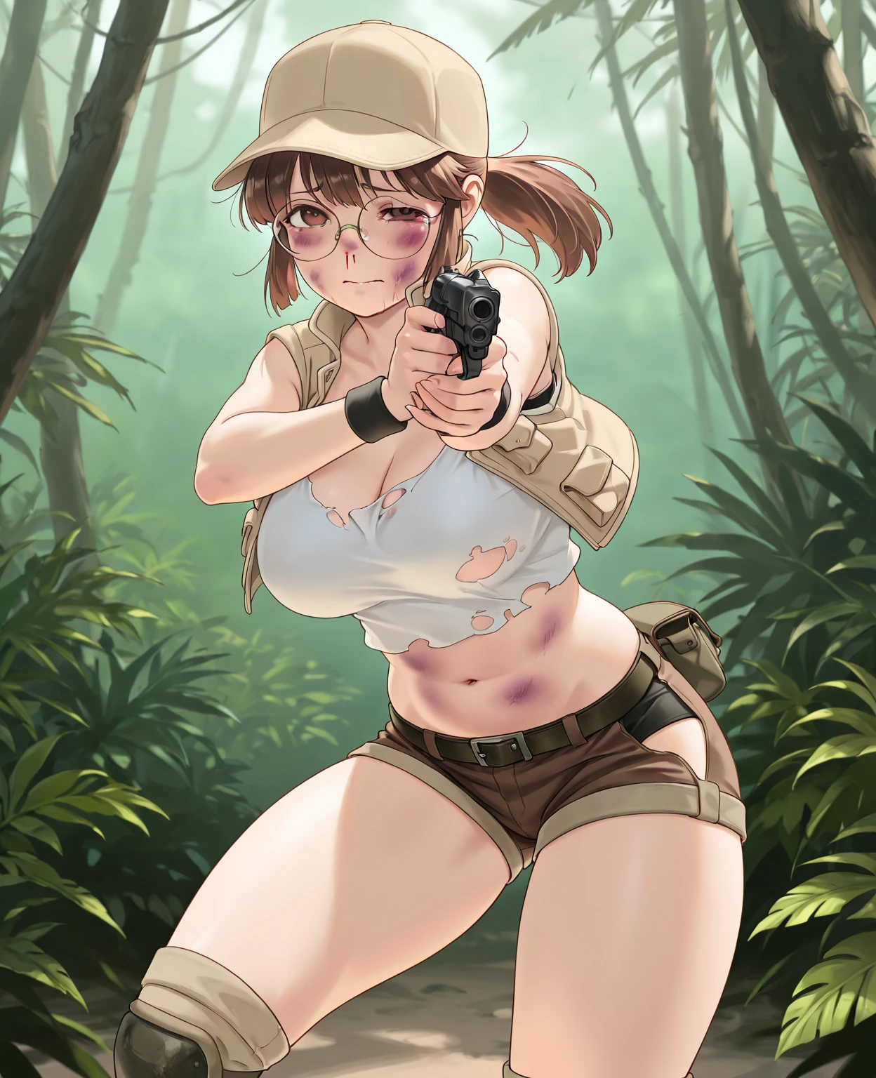 Naked with a gun belt and holster、Shyness、Japanese Beauty、Drunk and crying、Standing in front of a wooden wall、watch