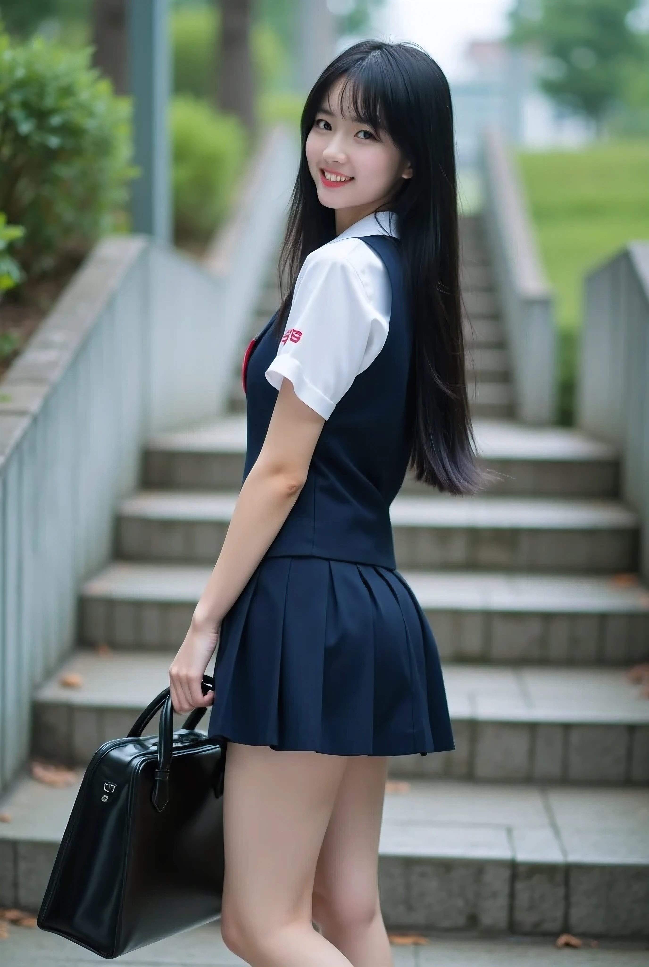 live-action、 stairs、Back view、綺麗なBack view、full body、Turn around a little、前かがみ、Touch the shoes、angle from behind、
high school girl、high school uniform、Short sleeve、Summer、white blouse、navy blue school vest、sleeveless school vest、
navy blue pleated skirt、Miniskirt、
school bag on left hand、black loafers、navy high socks、
Strong winds、Strong winds、My Skirt Turns Over、Panchira、panties that accentuate cleavage、black panties、Black underwear、
black hair
long hair、straight hair、glossy hair、
with bangs、
textured skin、Whitening skin、 marshmallow body、
thighs、thighsフェチ、
smile、closely、looking at the camera、
best quality、super high resolution in the shot、8k、actual girls、super real、