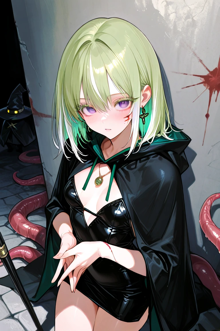 ((masterpiece, best quality, high resolution)), expressive eyes, mature, athletic, cthulhu tattoos, perfect face, solo, 1girl, dark-green hair, long hair, green eyes, cropped hoodie, gothic, goth, bedroom, bookshelf, occult, medium breasts, thick thighs, sweatpants, black boots, black clothing