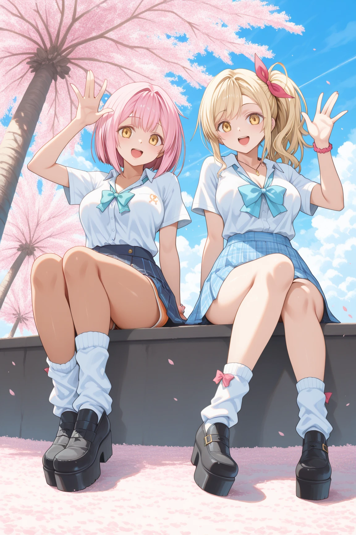 masterpiece, best quality, hyper detailed, 3girl, evil smiling, looking at viewerery,flat chest,blue hair,short twintails,middle hair,sky blue eyes,cute miniskirt,cute striped panty,cute high socks,cute shoes,smirk,pantyshot,
1girl, evil smiling, looking at viewer,flat chest,small breasts,pink hair,twintails,middle hair,pink eyes,with star-shaped eyes,
2girl, evil smiling, looking at viewer,big chest,yellow hair,twintails,middle hair,yellow eyes,with star-shaped eyes,