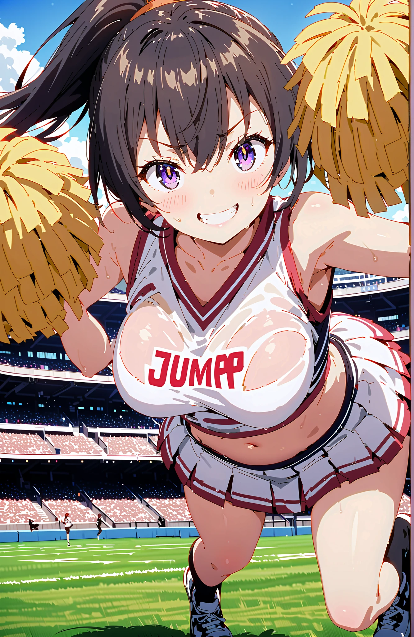 score_9, score_8_up, score_7_up, source_anime, yuki suou,side lock, bungs, brown hair, black hair, hair between eyebrows, purple eyes, ponytail,smile,blush,grinning,(cheerleading), (full body), on chest, (sweated), sweated Wet Clothes, (white clothes),Sleeveless, pleated skirt,black socks,sneakers, stomach button support , playground, (jump), (jump),両足を曲げてjumpする, , blue sky, Compa, smile,cheerleader, Pom-pom \(cheerleading\) real hair ornaments,full bodyがイラストに入るように,break looking at viewer,full body,
break outdoors,stadium,,
break (masterpiece:1.2), best quality, high resolution, Unity 8Kの壁紙, ( illustration :0.8), (beautiful detailed eyes:1.6), Highly Detailed Face, perfect lighting, Highly Detailed CG, (perfect hand in h, perfect anatomy),