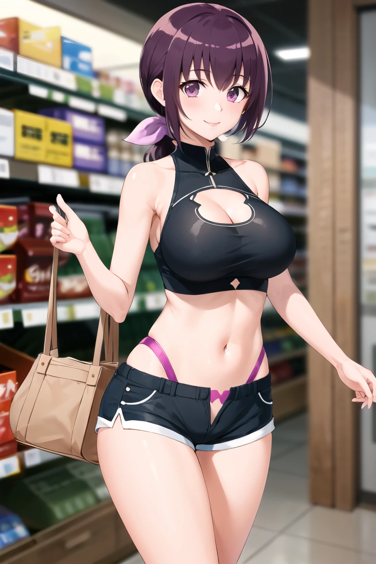 masterpiece, best quality, highres, hi1, purple hair,  purple eyes, large breasts, hair bow, <lora:hoshizora_ikuyo_v10:0.7>, shorts, smile,bag, cleavage, navel, short shorts, highleg thong, midriff, supermarket, cleavage cutout, bare shoulders,