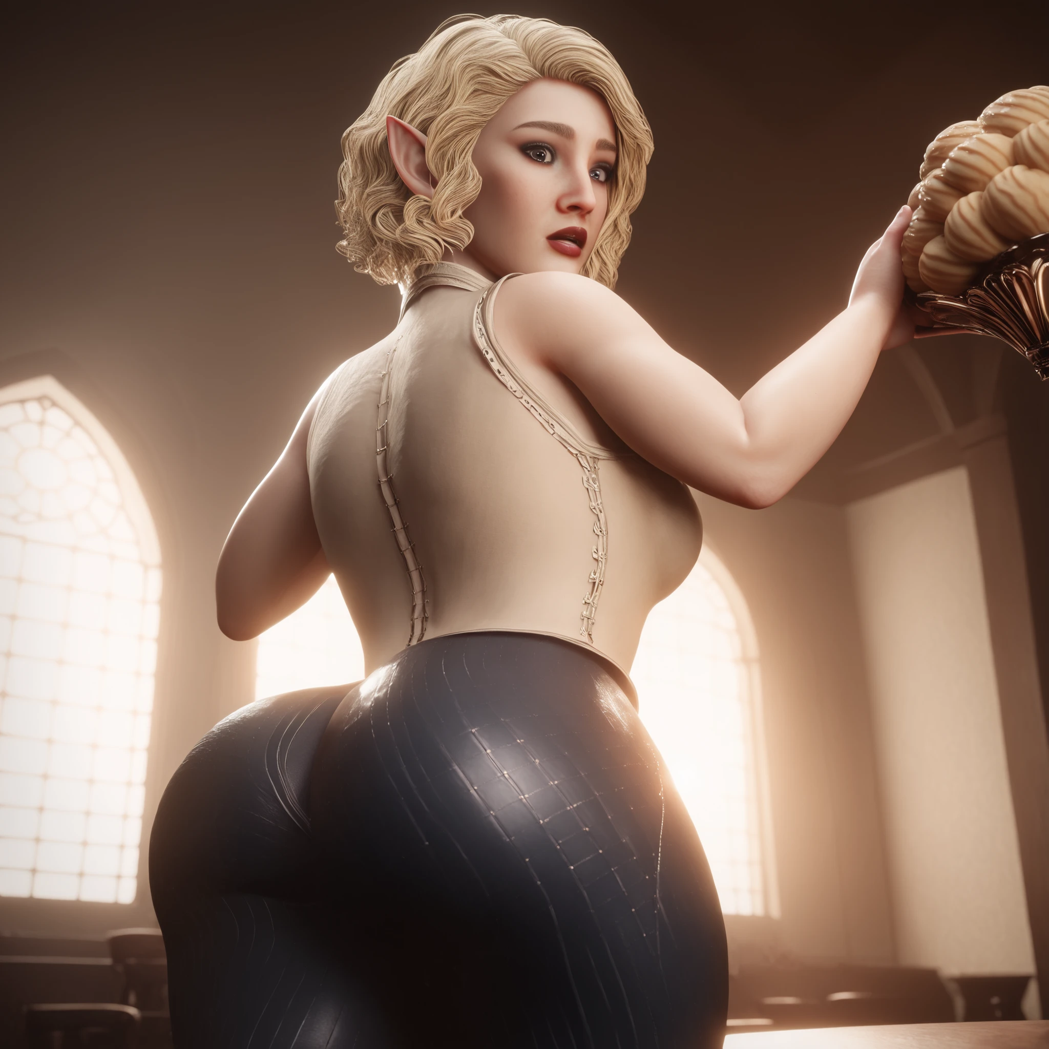((masterpiece, best quality, detailed, nyl2 style)), (best quality, masterpiece:1.4), 8k, highres, highly detailed, intricate detail, majestic photo, colorful, 1girl, (high detailed skin:1.4, ), solo, halfling, short stature, pointed ears, (big eyes), wide shoulders, (light colored lipstick), (dark color eyes), (very thin eyebrows), (makeup), (cheeky face), (oval face shape), young female, young girl, young, round face, surprised expression, (short hair), ((short light blonde wavy hair)), (neck length hair), wide hips, thick thighs, huge ass, muffin top, love handles, round cleavage, sleeveless medieval shirt, black trousers, (back angle), (soft contrast shading), (high detailed skin), 3d, soft lighting, (slight blur), (cinematic haze), (high contrast lighting), large shadows, warm hues, (warm lighting), ((sunset lighting)), (large medieval interior background), interior background, looking down at viewer, nyl2 style, low angle, rear view, ass focus, looking behind her